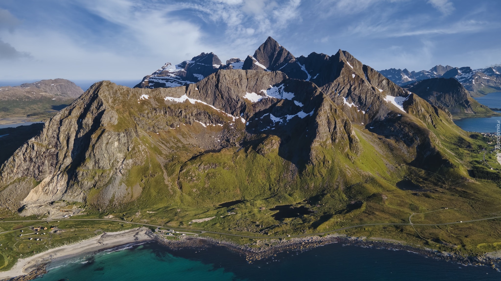 Góry, Szczyty, Stortinden, Śnieg, Jezioro, Lofoten, Norwegia