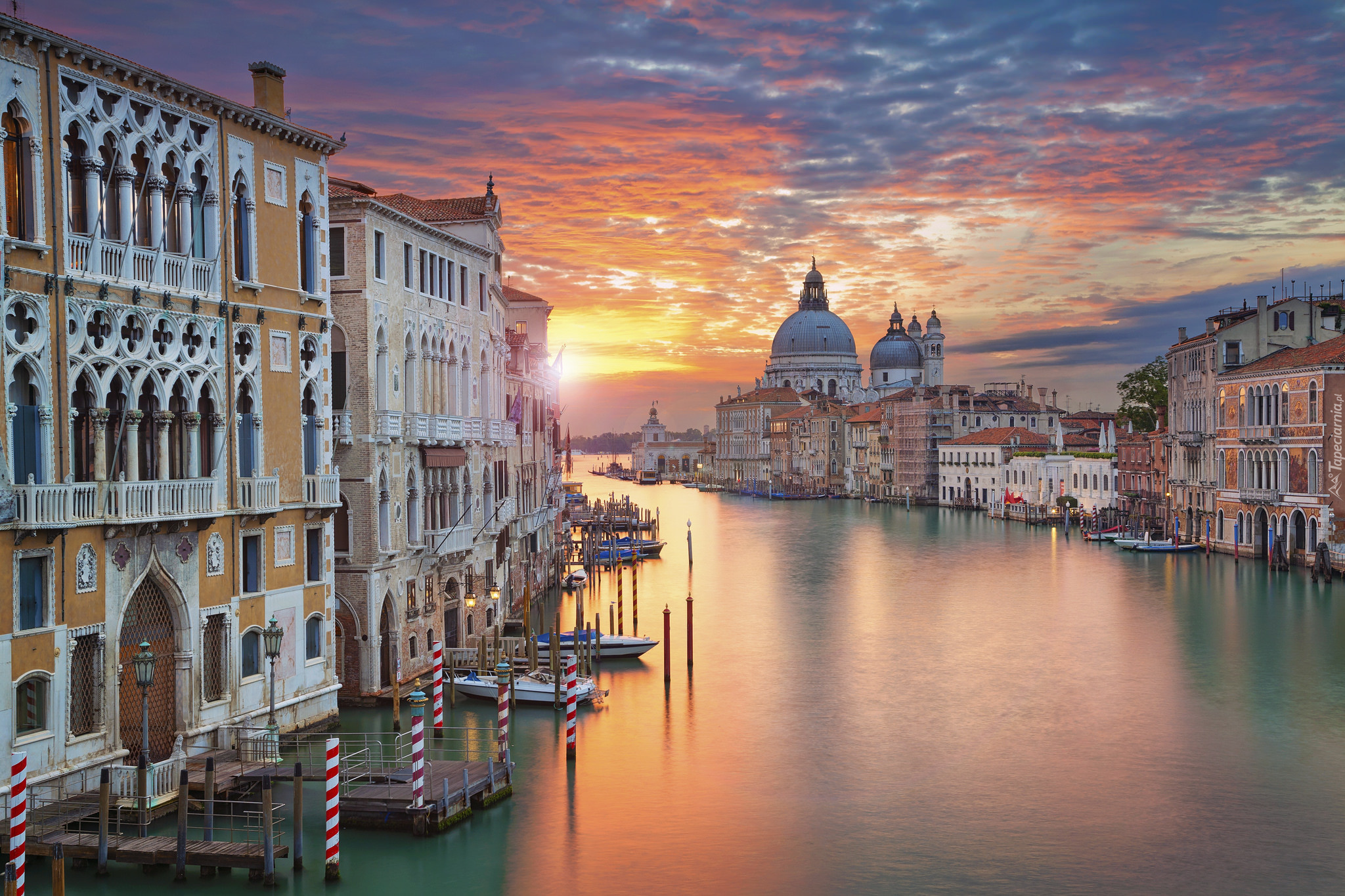 Włochy, Wenecja, Canal Grande, Kanał, Łodzie, Zachód słońca, Bazylika św. Marka