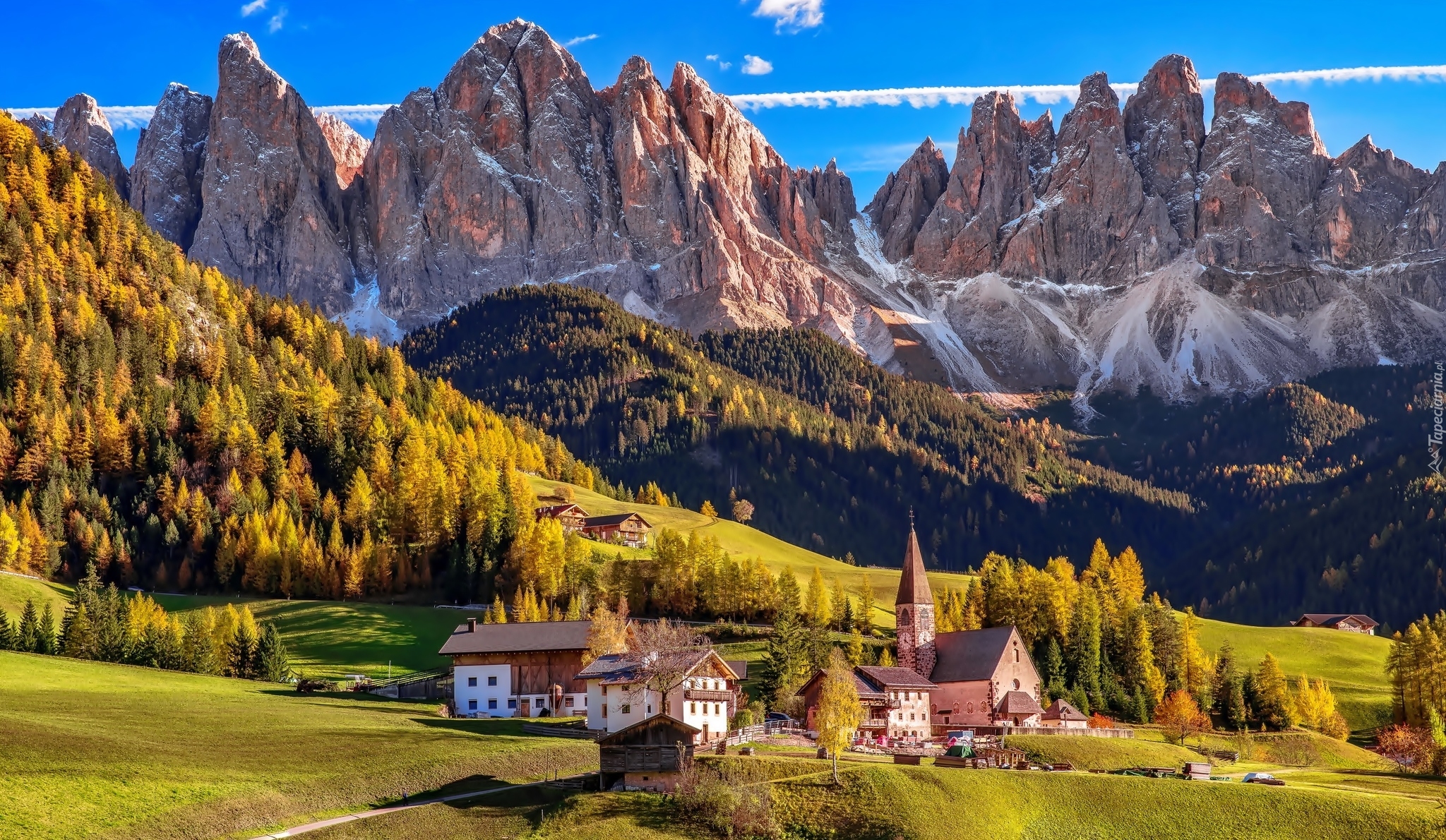 Włochy, Dolina Val di Funes, Wieś Santa Maddalena, Dolomity, Góry, Lasy, Drzewa, Domy, Kościół