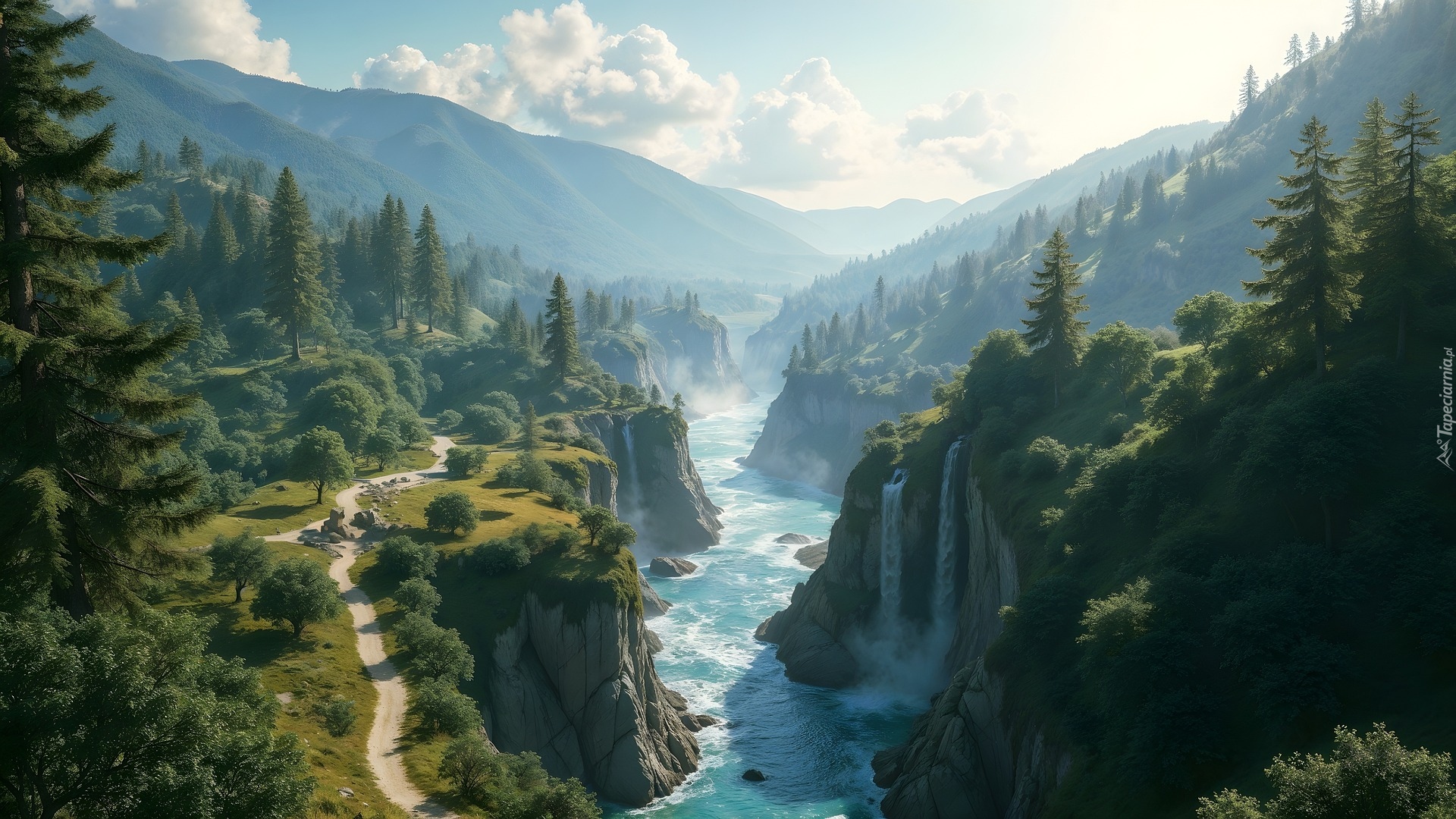 Rzeka, Skały, Drzewa, Wodospady, Góry