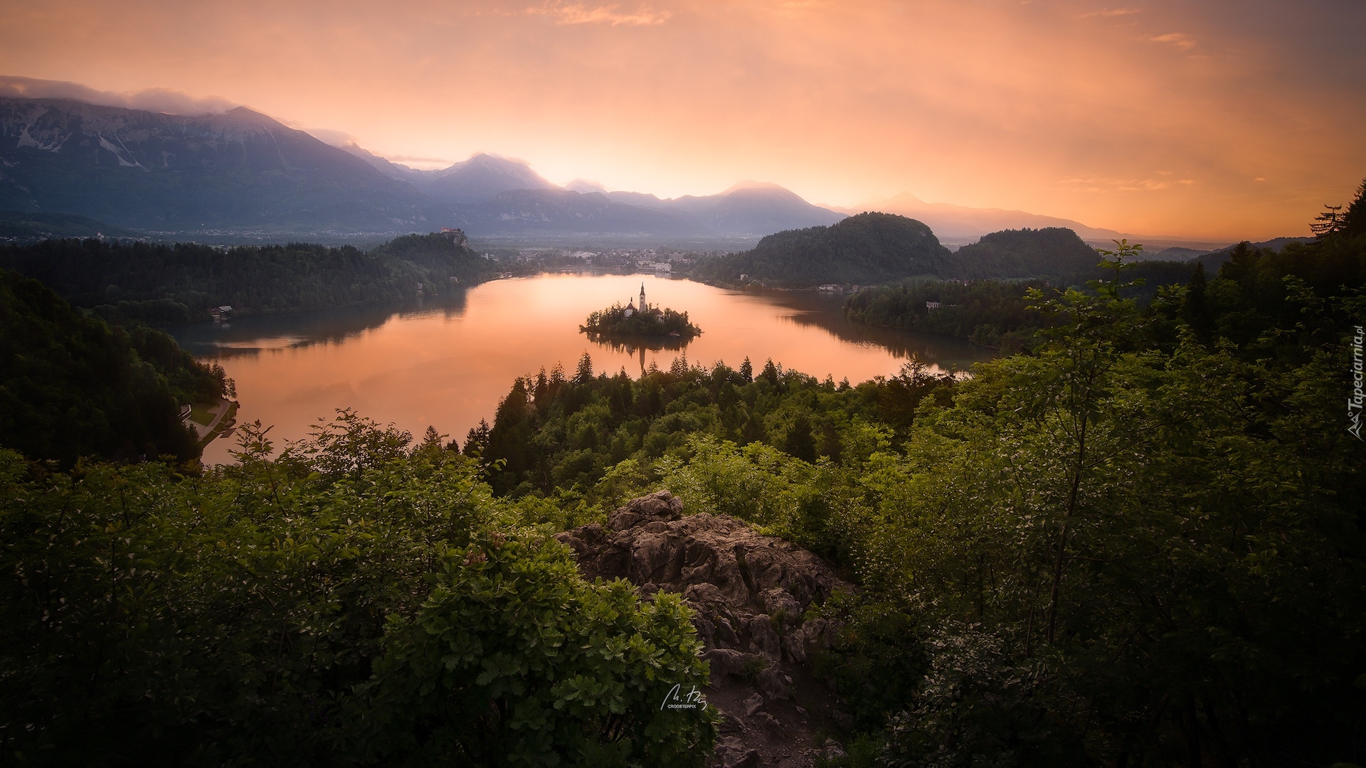 Słowenia, Jezioro Bled, Wyspa, Blejski Otok, Kościół, Wschód słońca, Las, Góry