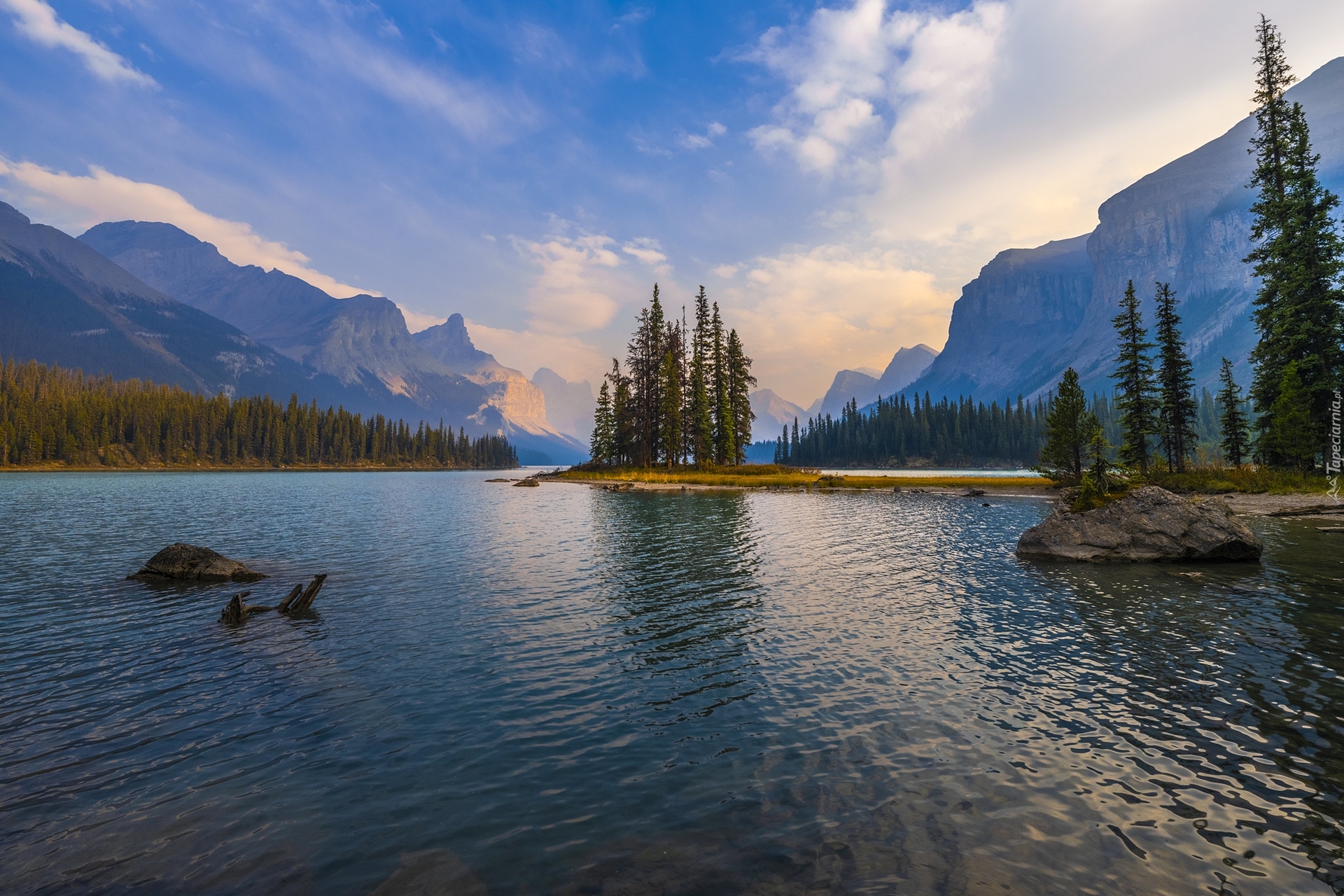 Kanada, Park Narodowy Jasper, Jezioro, Maligne Lake, Góry, Drzewa, Lasy