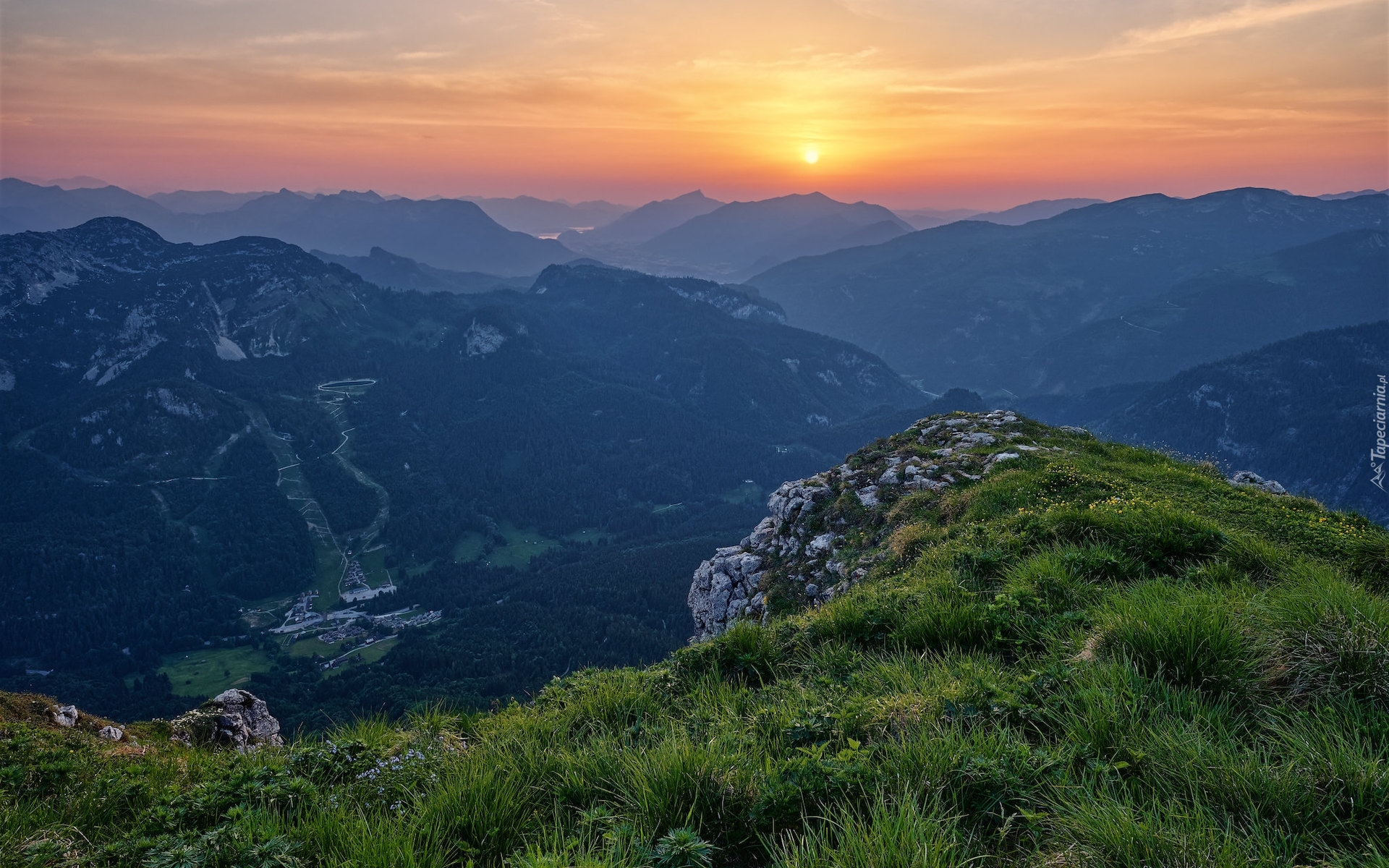 Góry, Zachód słońca, Trawa, Skały