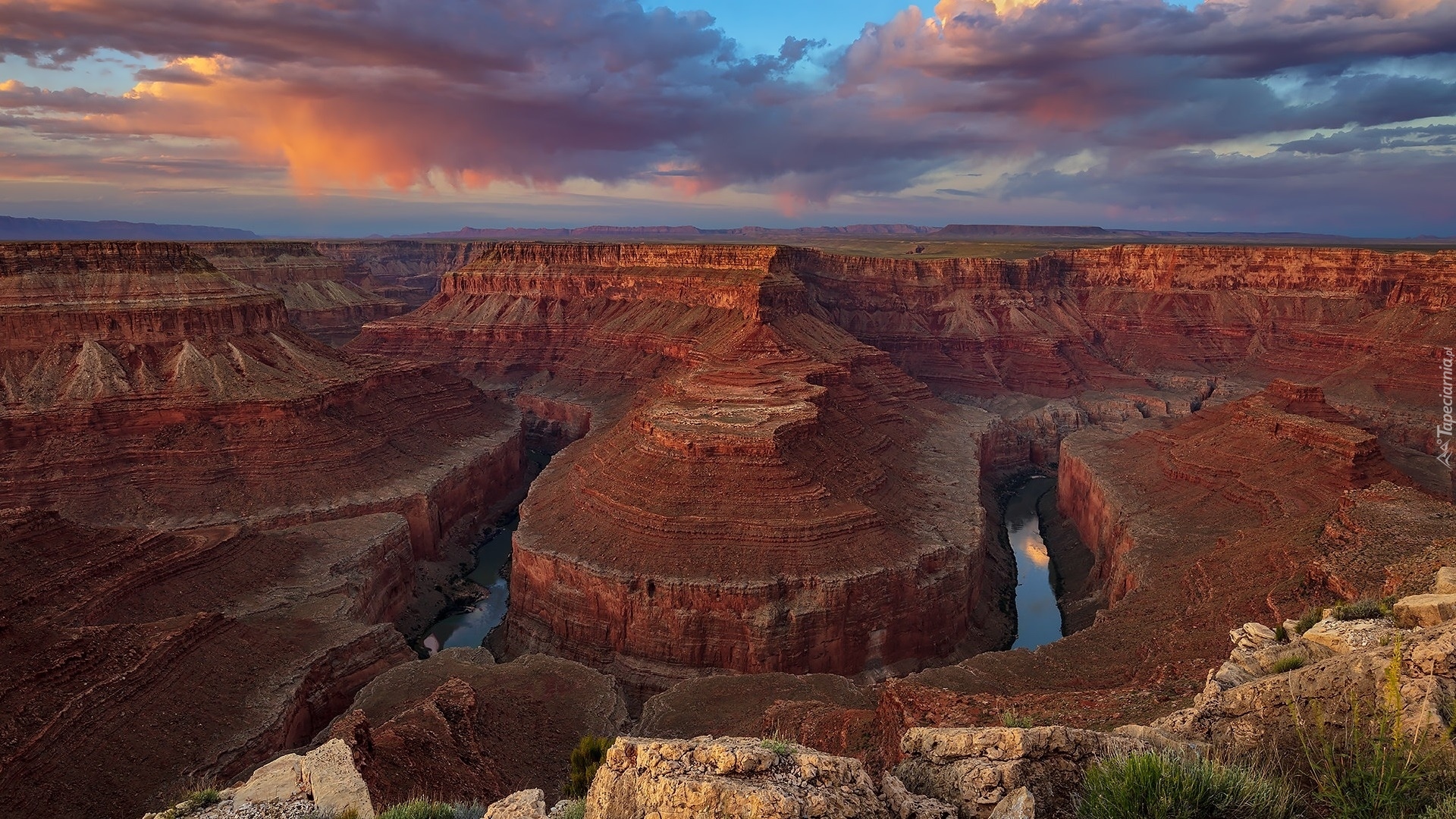 Rzeka, Colorado River, Zakole, Skały, Park Narodowy Wielkiego Kanionu, Kanion, Chmury, Arizona, Stany Zjednoczone