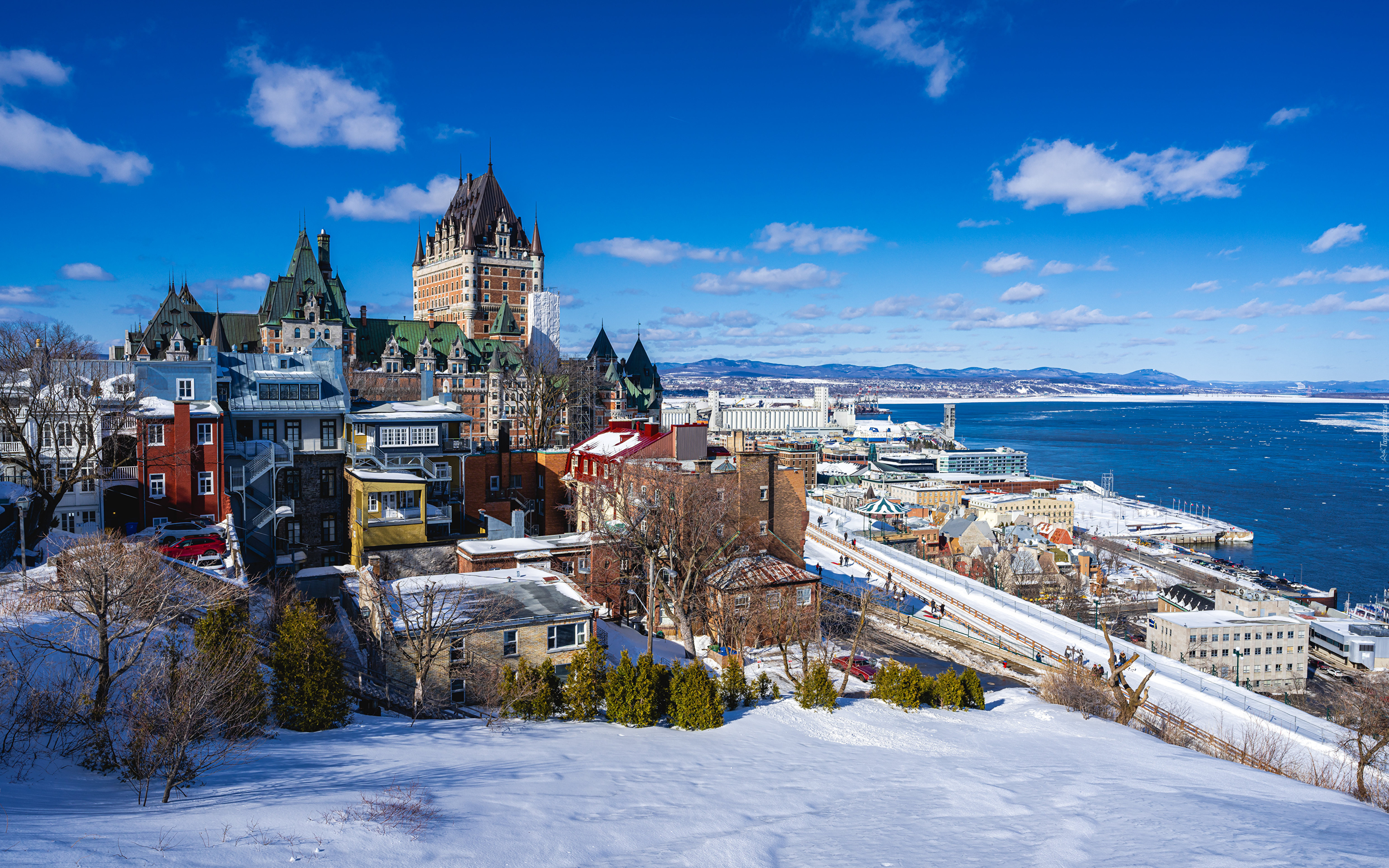 Kanada, Quebec, Zamek, Chateau Frontenac, Rzeka Świętego Wawrzyńca, Wybrzeże, Domy, Zima