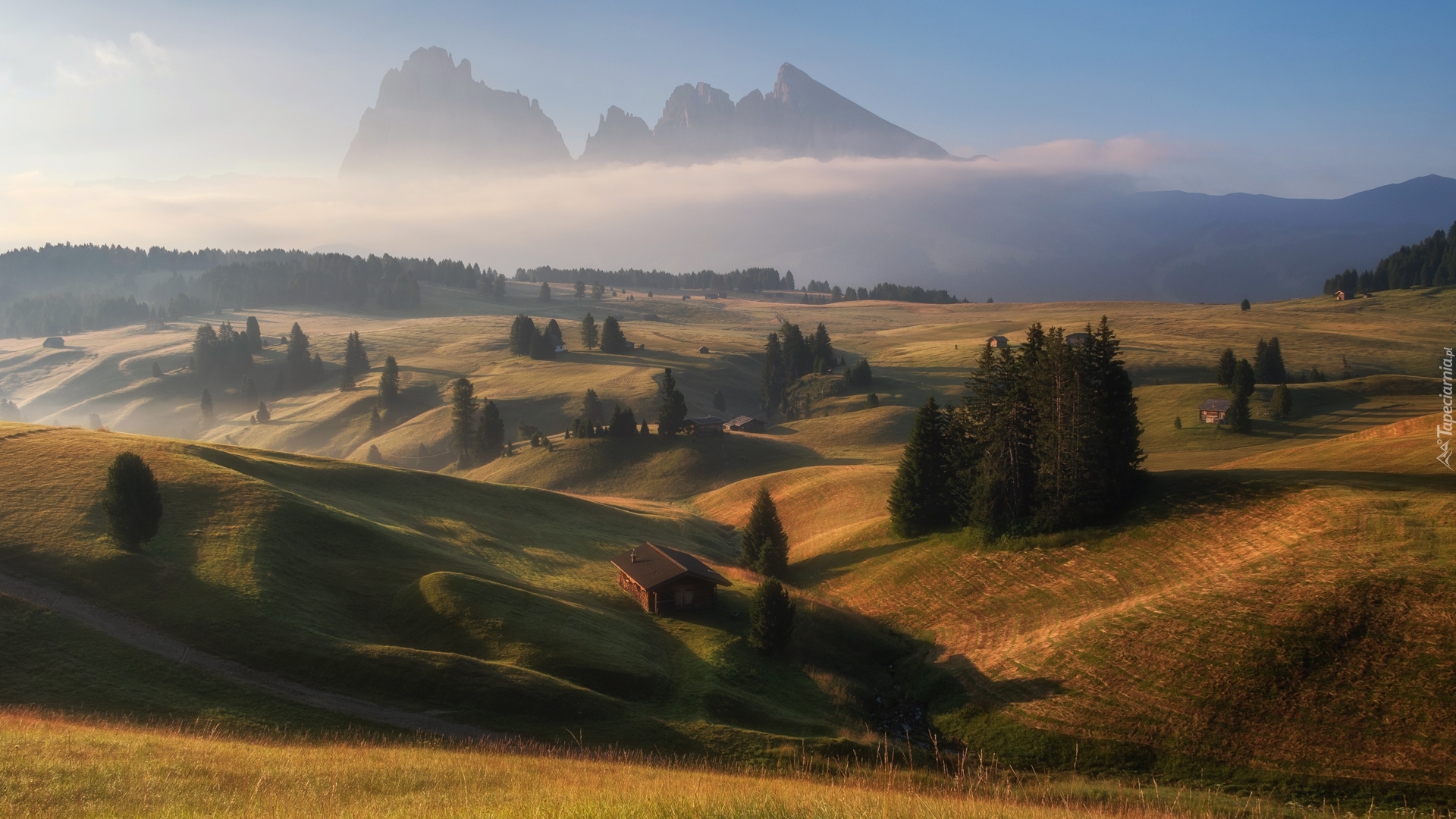 Płaskowyż Seiser Alm, Góry Sassolungo, Dolomity, Wzgórza, Dolina Val Gardena, Mgła, Domy, Drzewa, Włochy