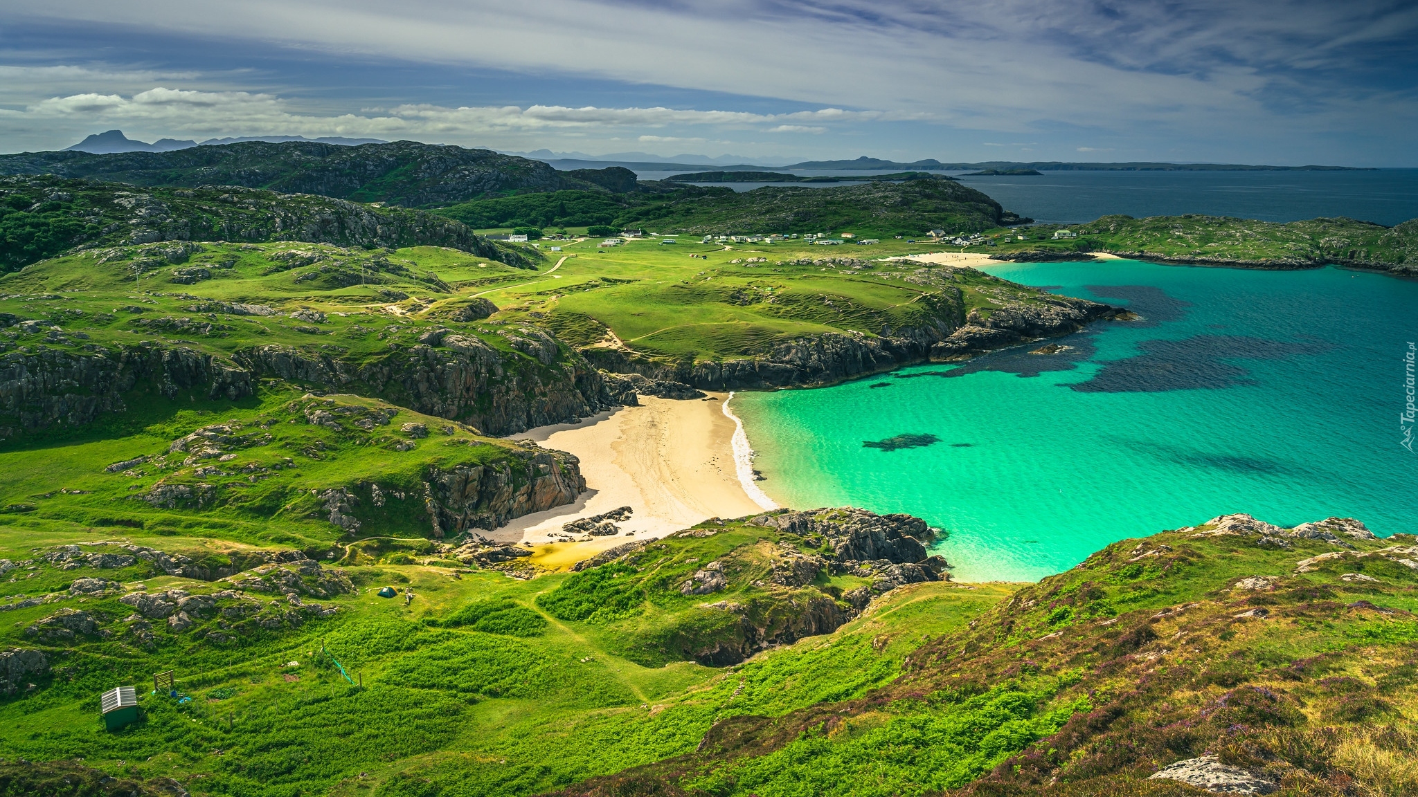 Morze, Zatoka, Achmelvich Bay, Góry, Skały, Plaża, Achmelvich Beach, Szkocja