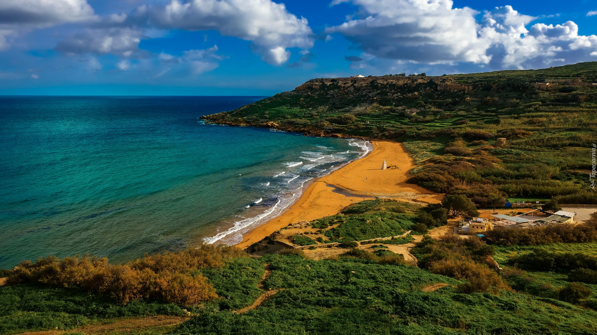 Morze, Wzgórza, Zatoka, Ramla Bay, Plaża Ramla Beach, Plaża Czerwonego Piasku, Wyspa Gozo, Malta