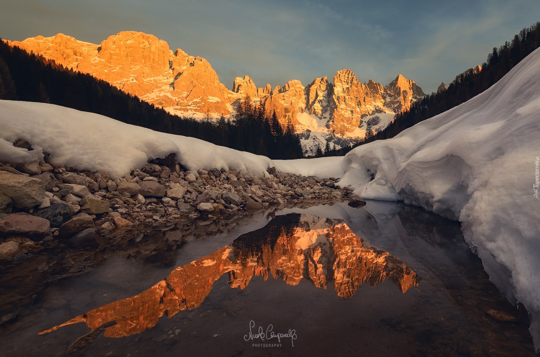 Góry, Pale di San Martino, Val Venegia, Drzewa, Kamienie, Śnieg, Odbicie, Włochy