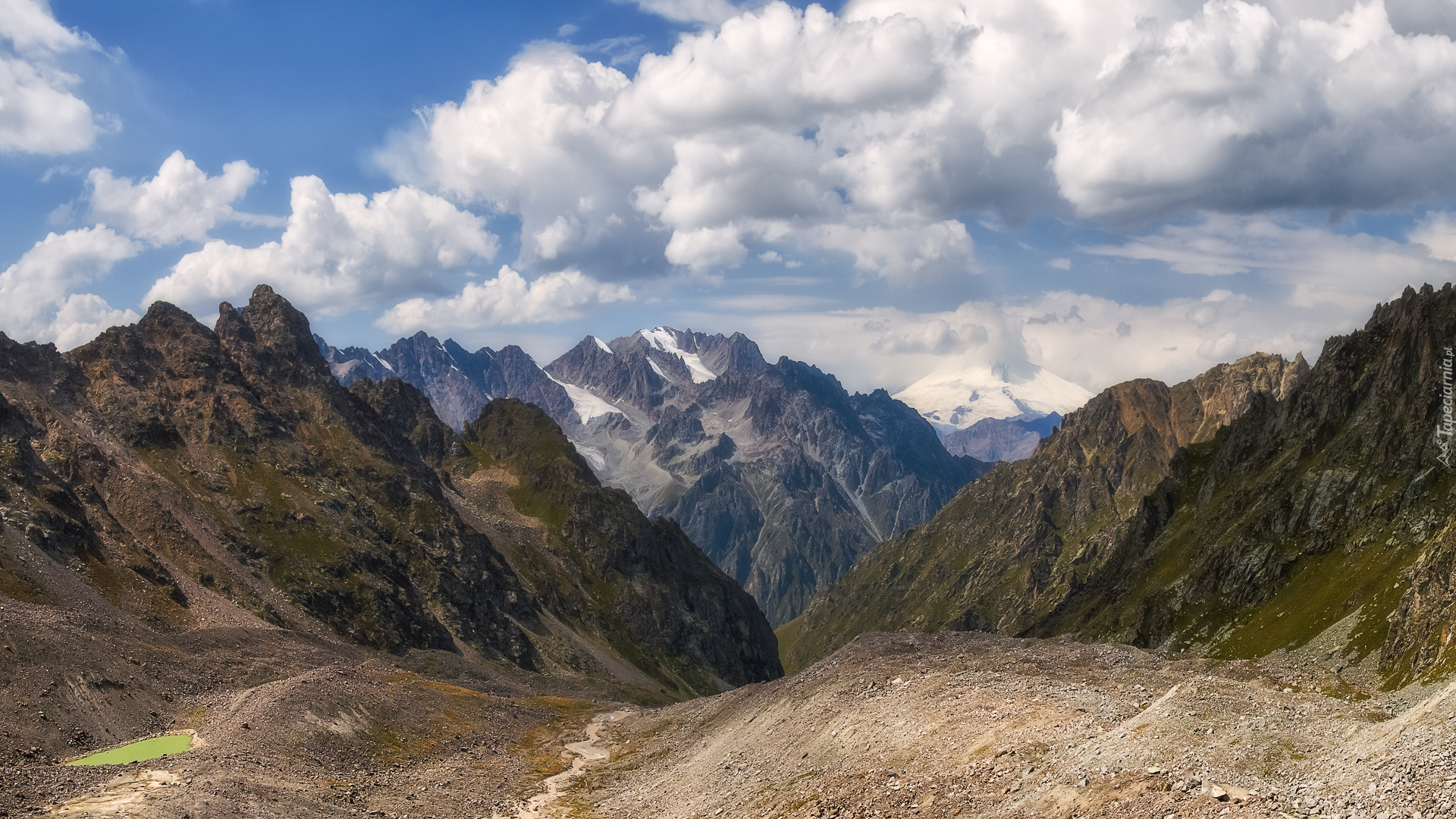 Góry, Kaukaz, Szczyty, Góra Kullumkol, Góra Elbrus, Chmury, Kabardo-Bałkaria, Rosja