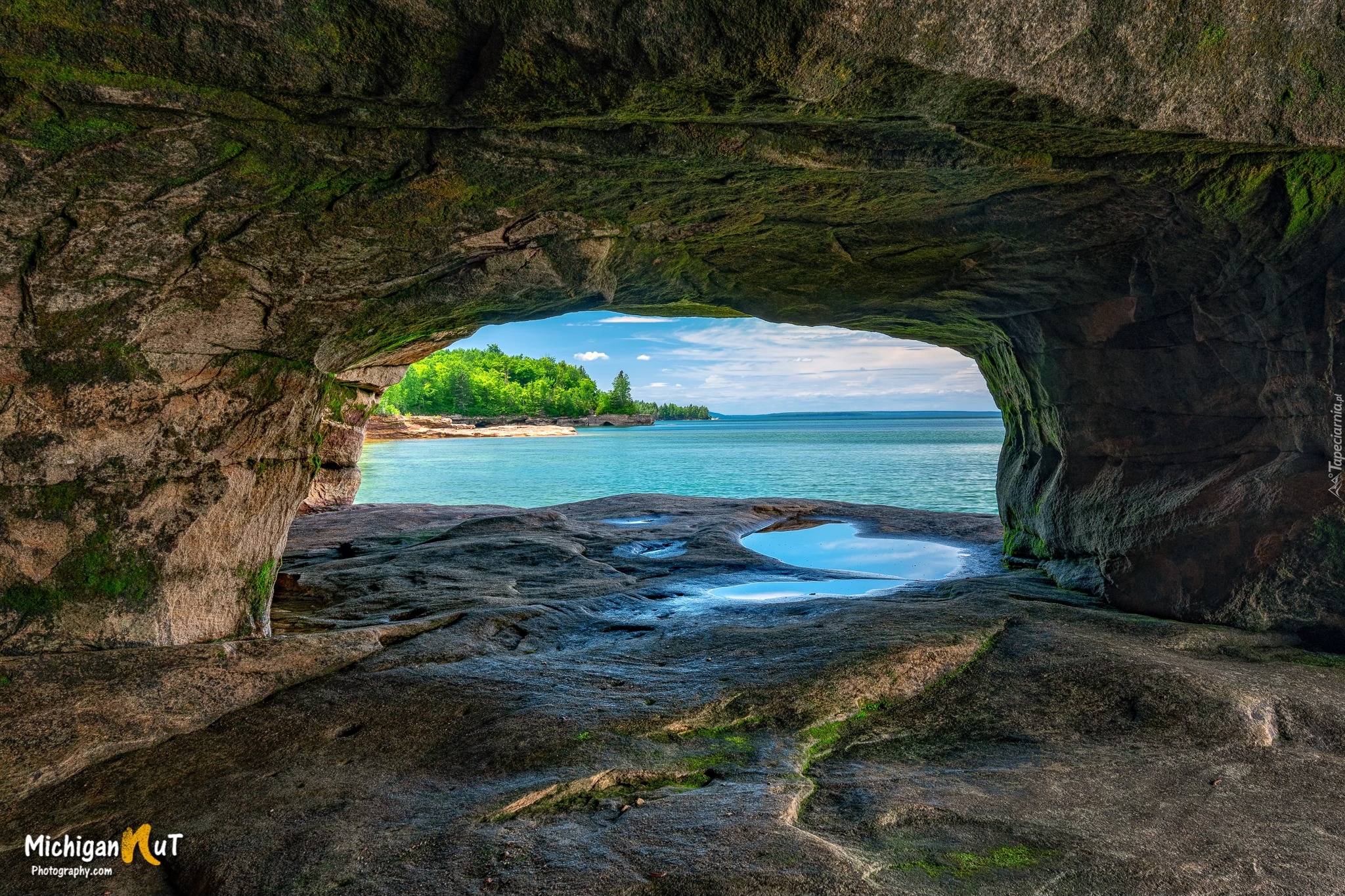 Stany Zjednoczone, Michigan, Jaskinia, Łuk, Skały, Lake Superior, Drzewa