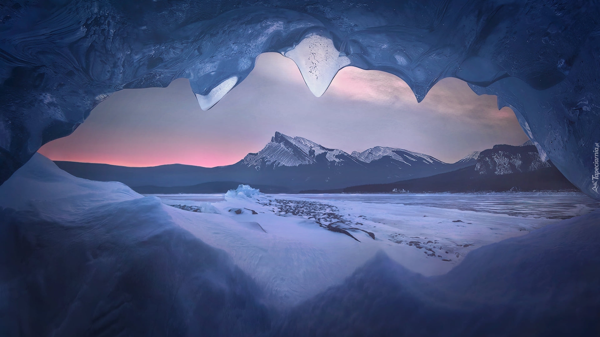 Zima, Góry, Canadian Rockies, Zamarznięte, Jezioro, Abraham Lake, Lód, Jaskinia, Lodowa, Alberta, Kanada