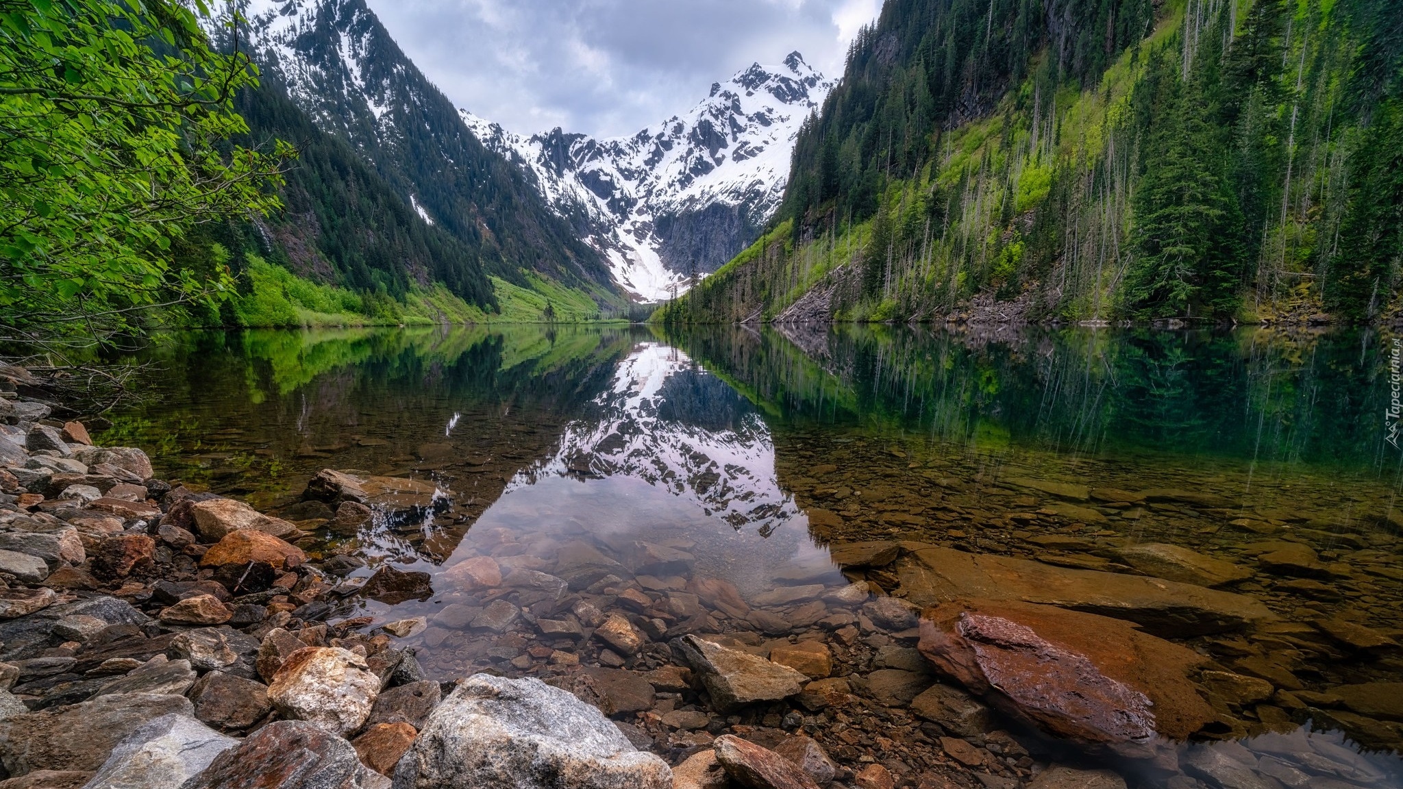 Góry Kaskadowe, Odbicie, Jezioro, Goat Lake, Drzewa, Kamienie, Stan Waszyngton, Stany Zjednoczone