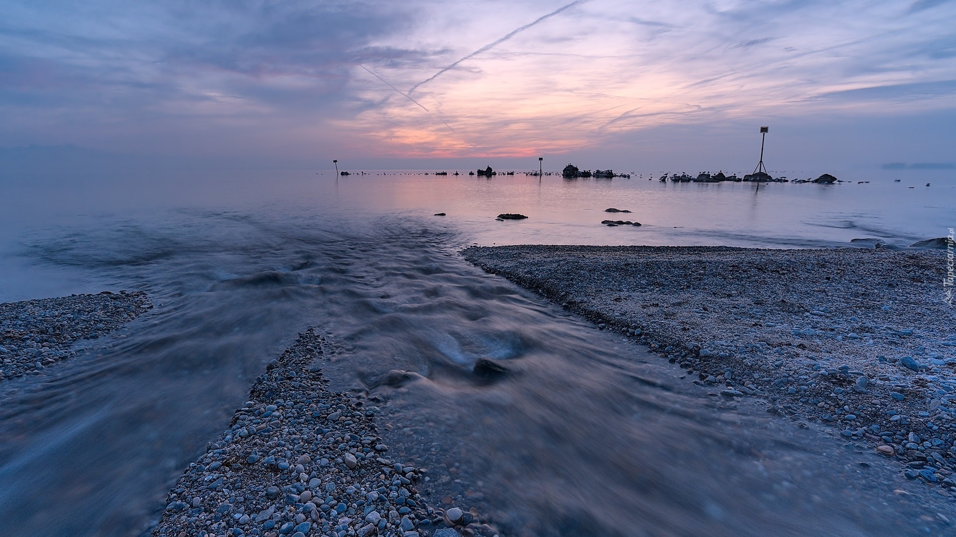 Wschód słońca, Morze, Kamienie, Plaża