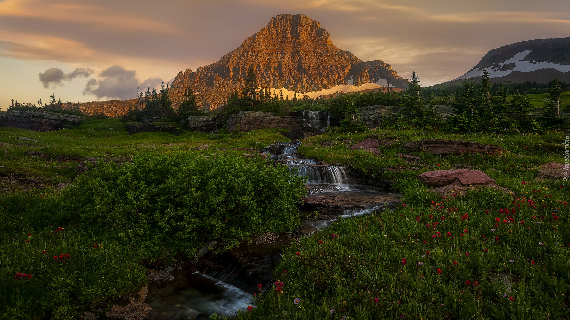 Park Narodowy Glacier, Góry Skaliste, Góra, Reynolds Mountain, Łąka, Strumień, Skały, Montana, Stany Zjednoczone