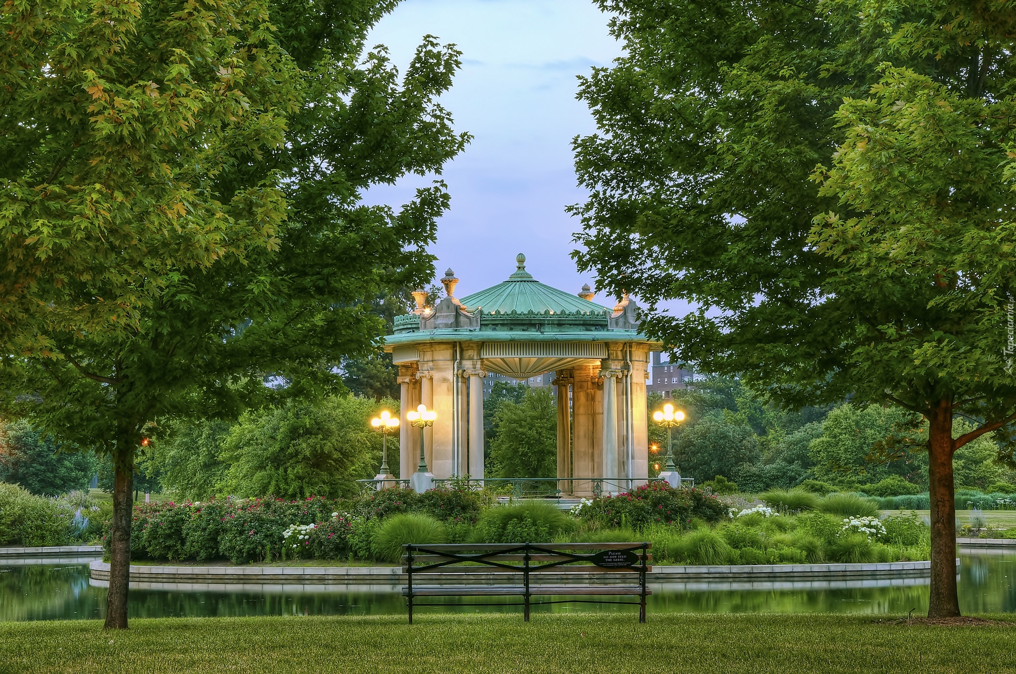 Park, Altana, Ławeczka, Staw, Drzewa, Kwiaty