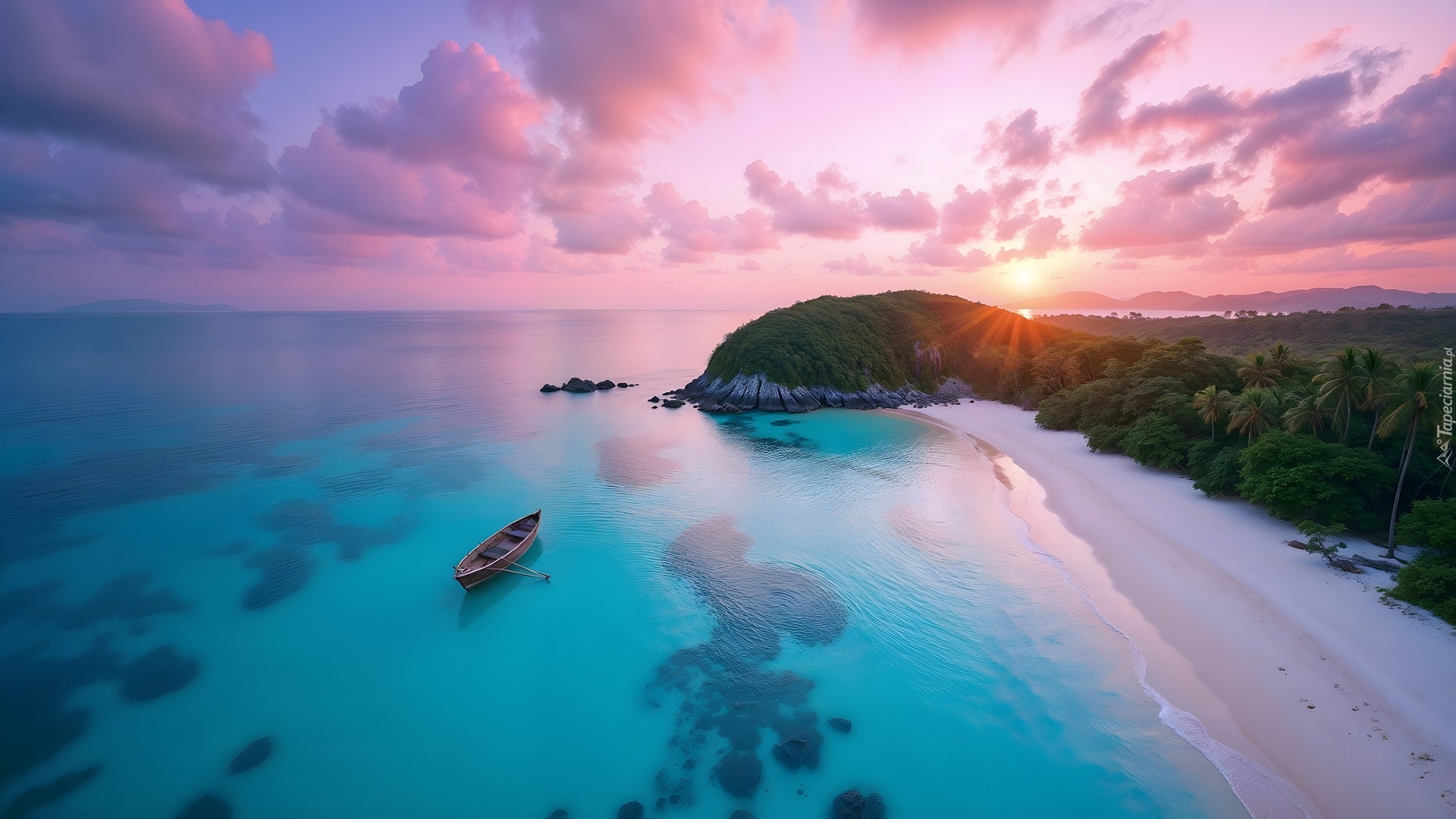 Morze, Plaża, Zachód słońca, Z lotu ptaka, Łódka, AI