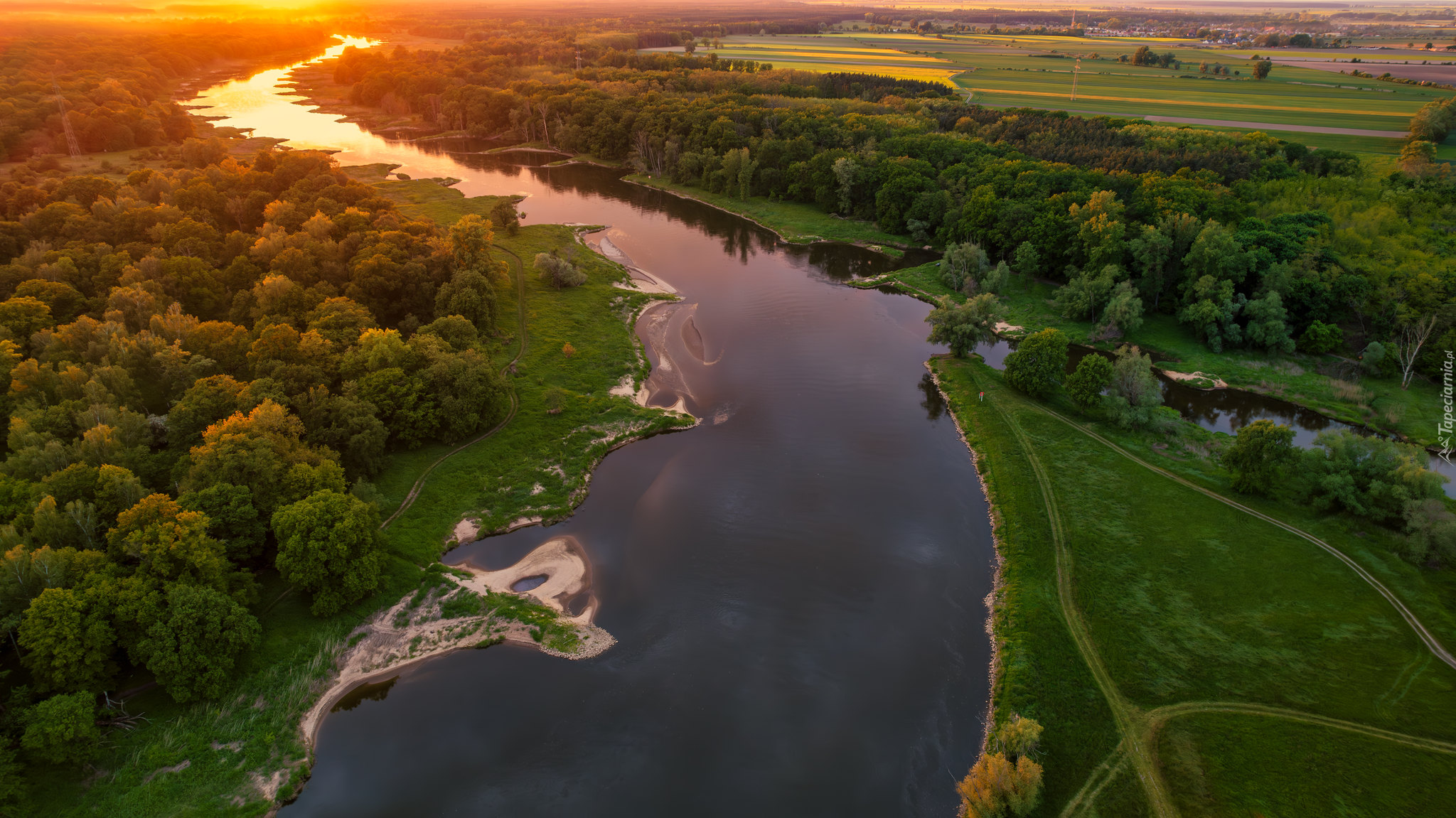 Polska, Gmina Szlichtyngowa, Rzeka, Odra, Drzewa, Pola, Zachód słońca, Z lotu ptaka