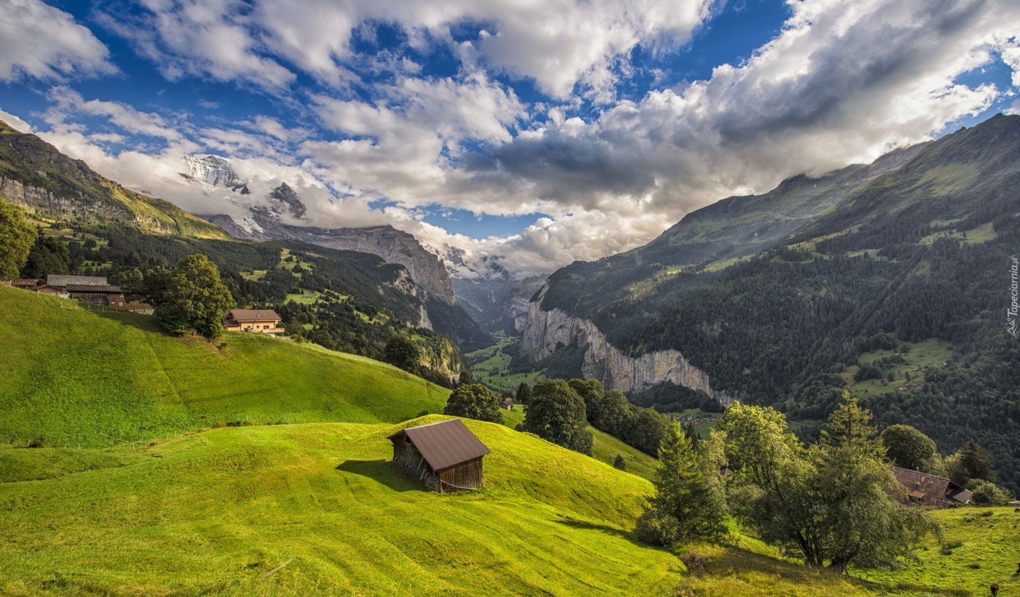 Góry, Alpy Berneńskie, Las, Dolina Lauterbrunnental, Domy, Chmury, Wengen, Kanton Berno, Szwajcaria