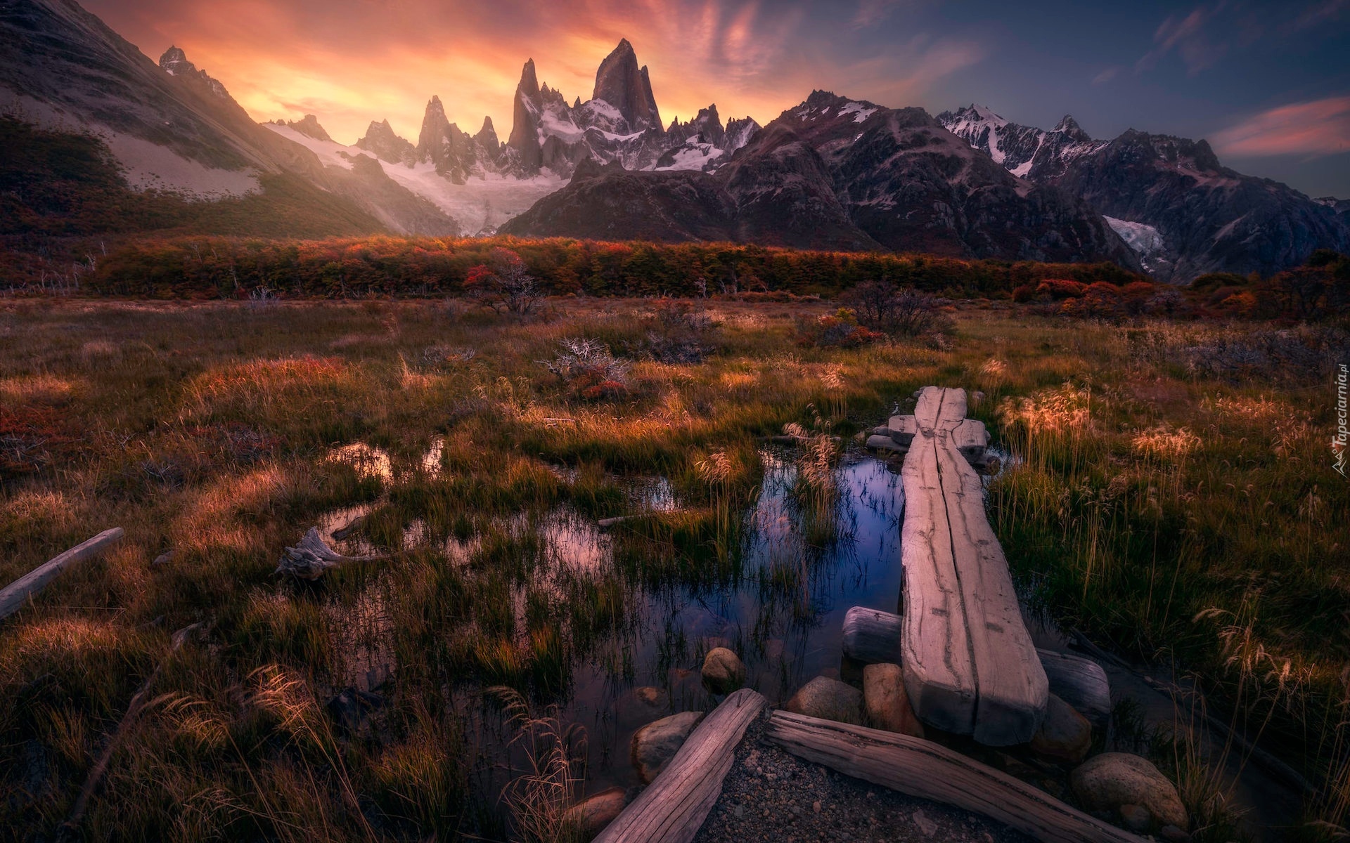 Argentyna, Patagonia, Góry Andy, Fitz Roy, Jesień, Mokradła, Kładka