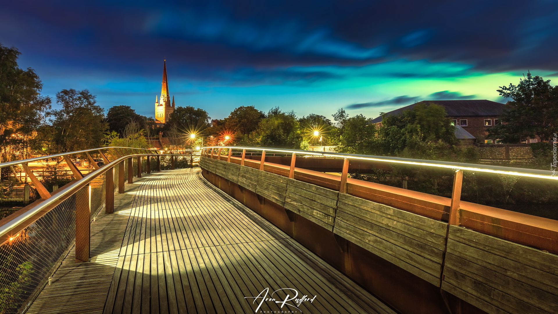 Most, Jarrold Bridge, Światła, Drzewa, Kościół, Wieża, Katedry, Norwich, Anglia