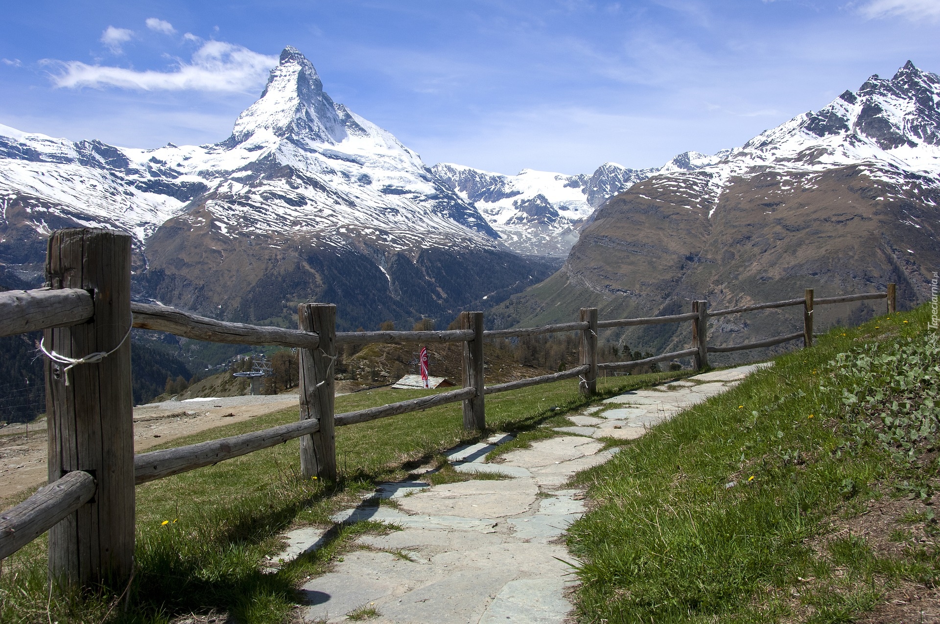 Góry, Alpy, Szczyt Matterhorn, Droga, Ogrodzenie, Szwajcaria