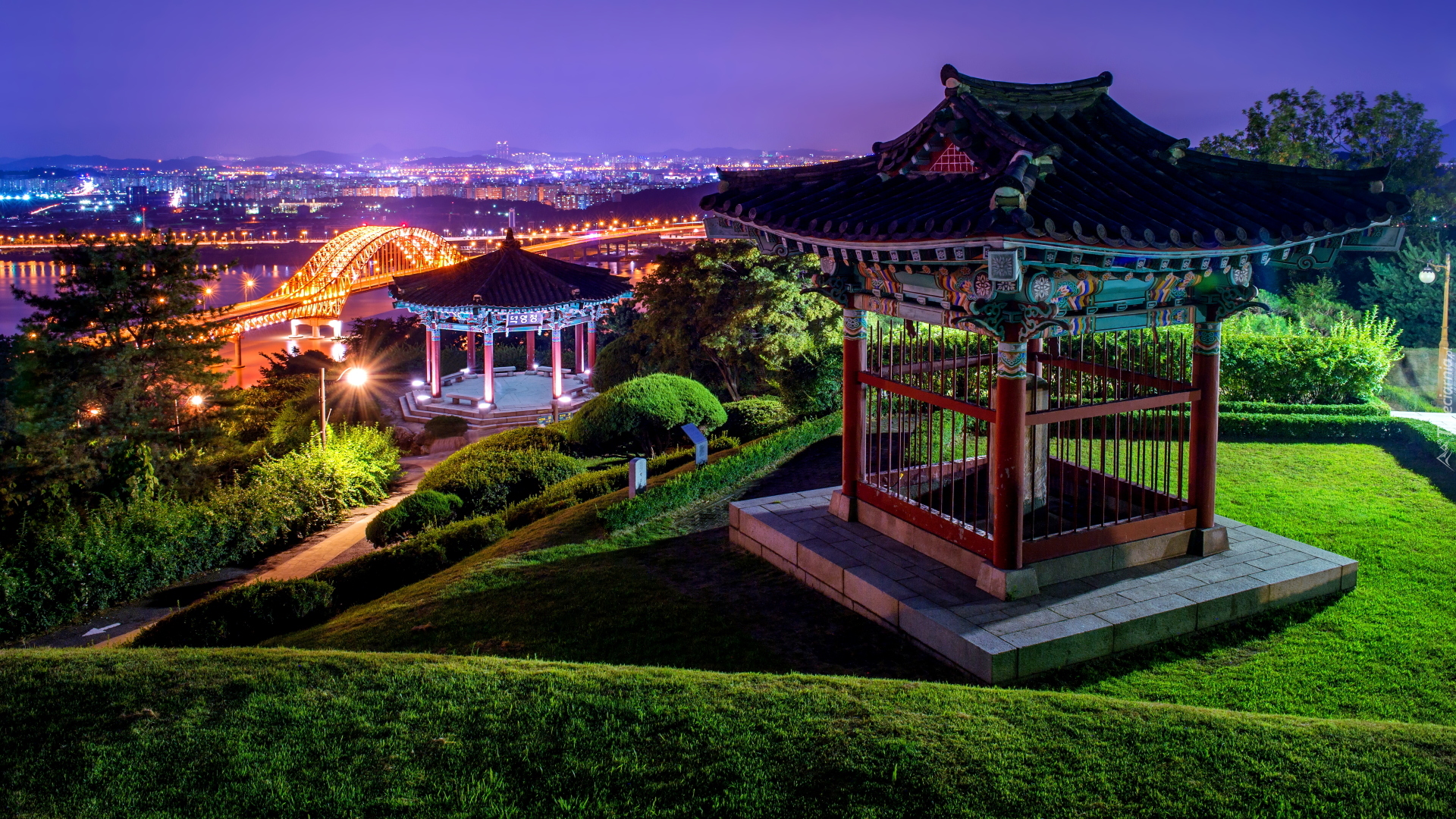 Park Haengjusanseong, Altany, Oświetlony, Most, Banghwa Bridge, Goyang, Korea Południowa