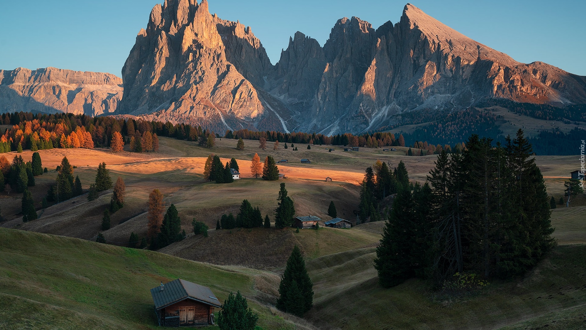 Dolomity, Góry, Sassolungo, Płaskowyż, Seiser Alm, Dolina, Val Gardena, Drzewa, Drewniane, Domy, Włochy