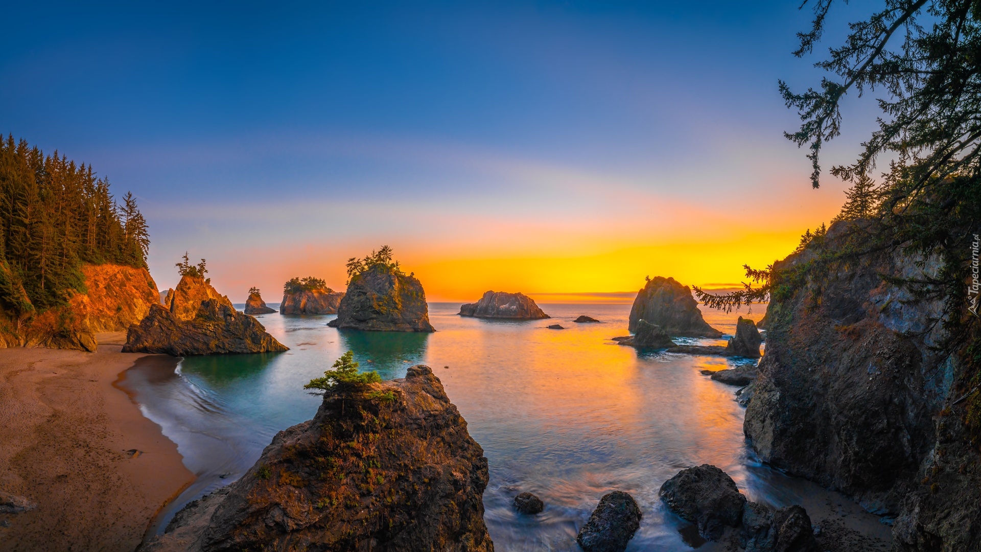 Plaża, Secret Beach, Morze, Skały, Drzewa, Wybrzeże, Zachód słońca, Oregon, Stany Zjednoczone