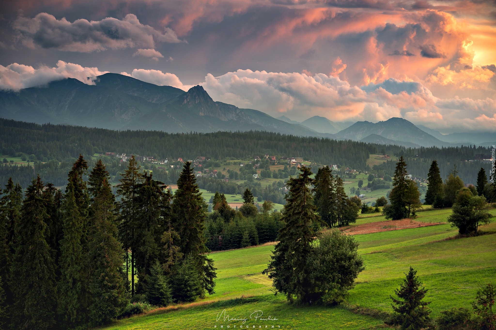 Góry, Tatry, Polana, Drzewa, Dolina, Zachód słońca, Polska