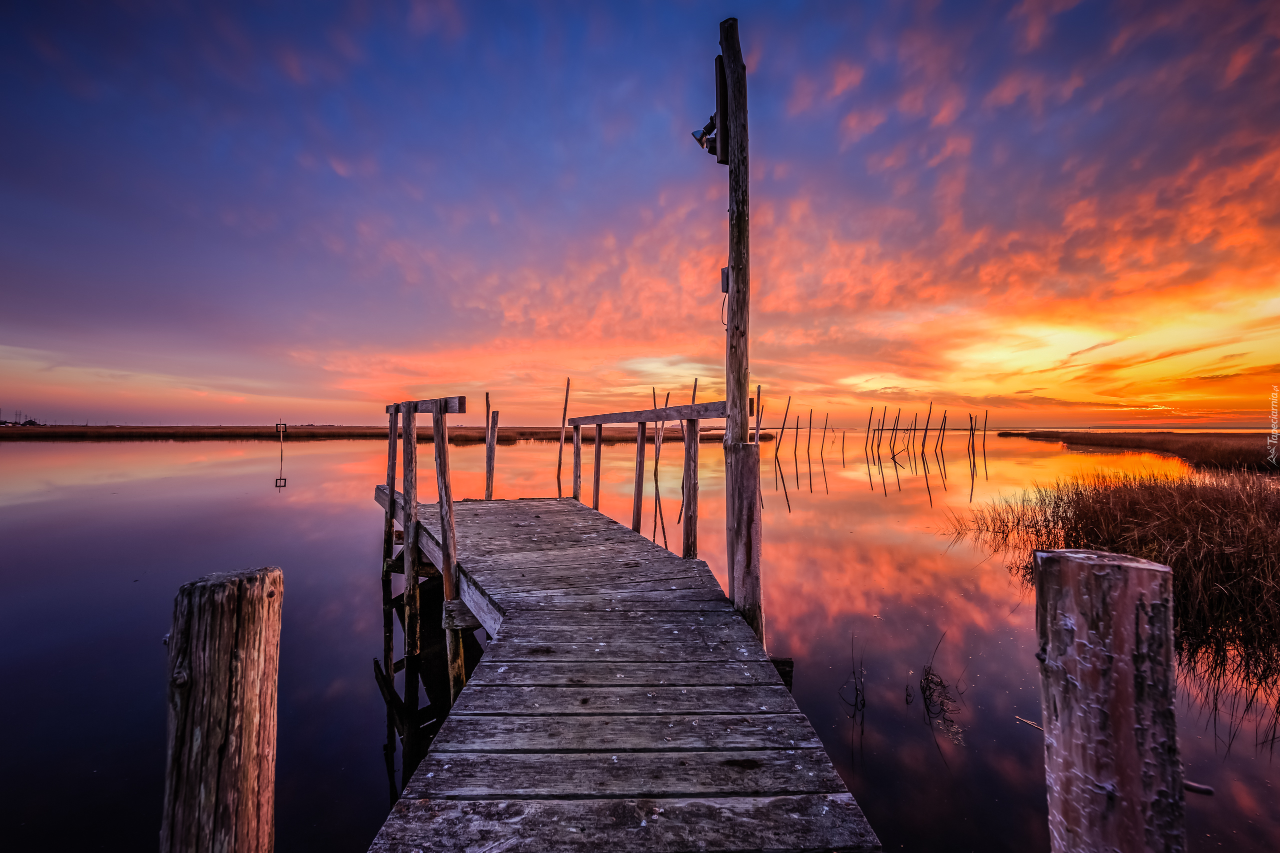 Stany Zjednoczone, Stan New Jersey, Zatoka Great Bay, Jezioro, Pomost, Zachód słońca