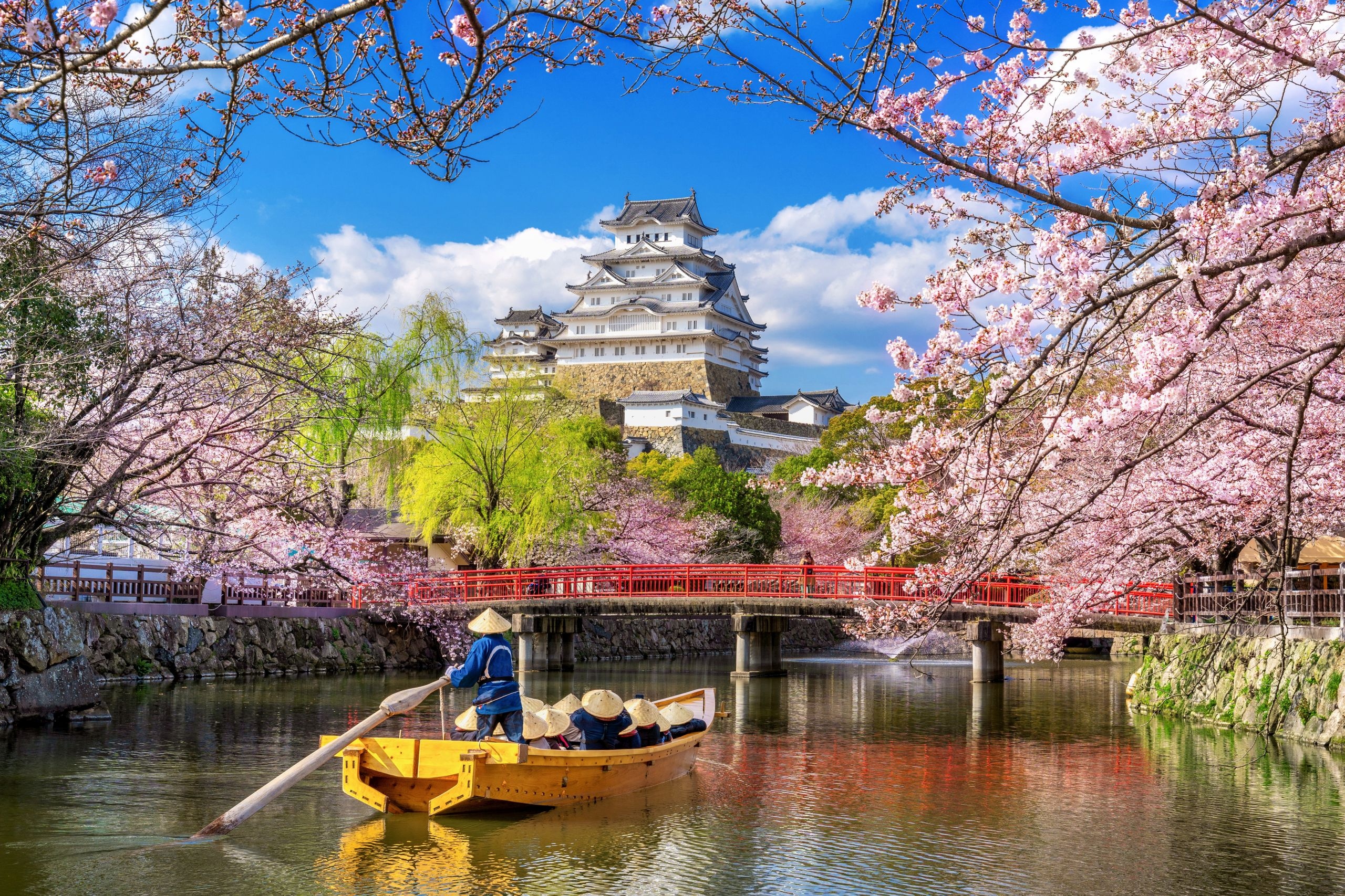 Zamek Himeji, Zamek Białej Czapli, Rzeka, Łódka, Wiosna, Kwitnące, Drzewa, Miejscowość Himeji, Japonia