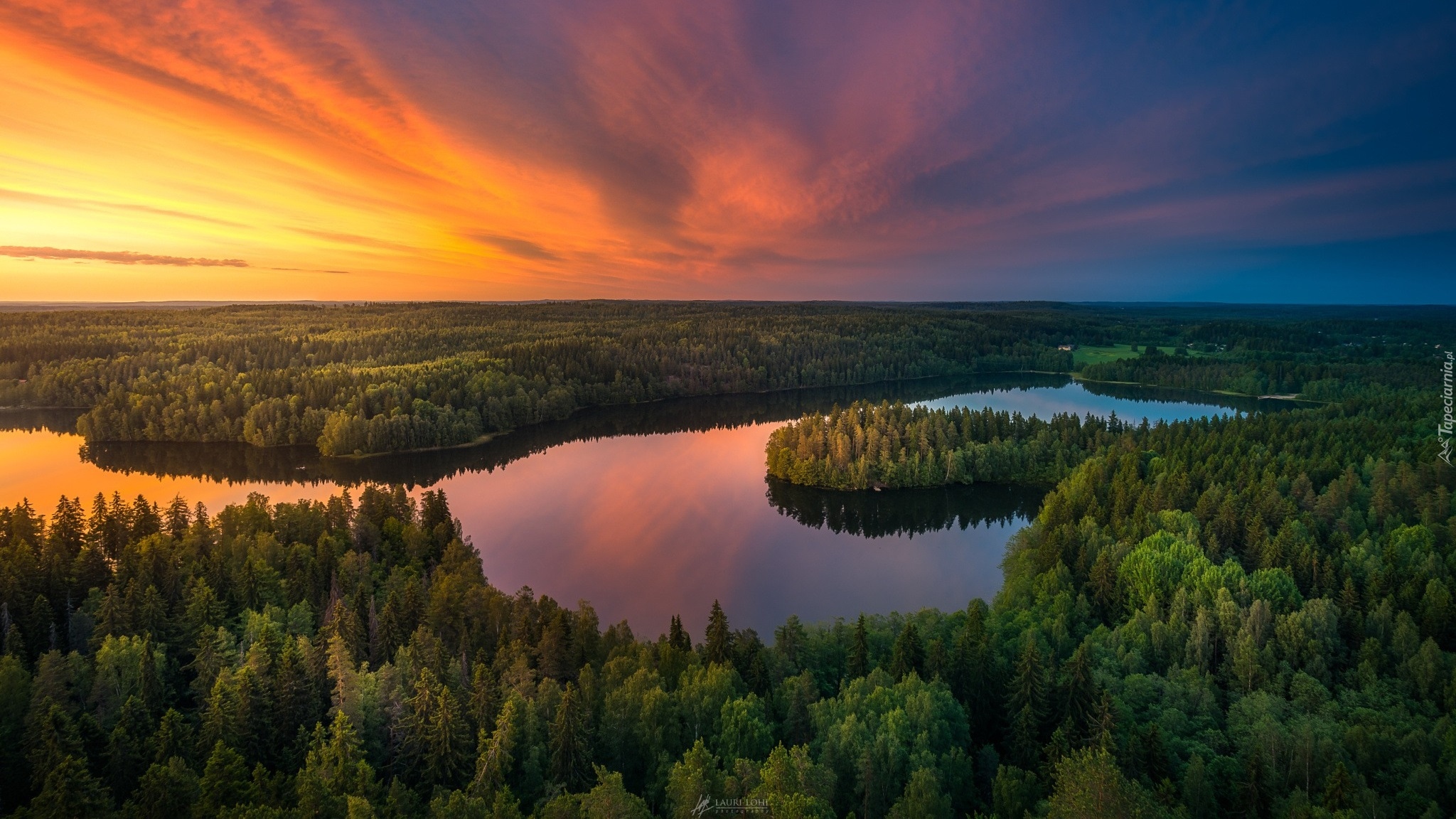 Finlandia, Zachód słońca, Jezioro Aulangonjärvi, Lasy, Drzewa