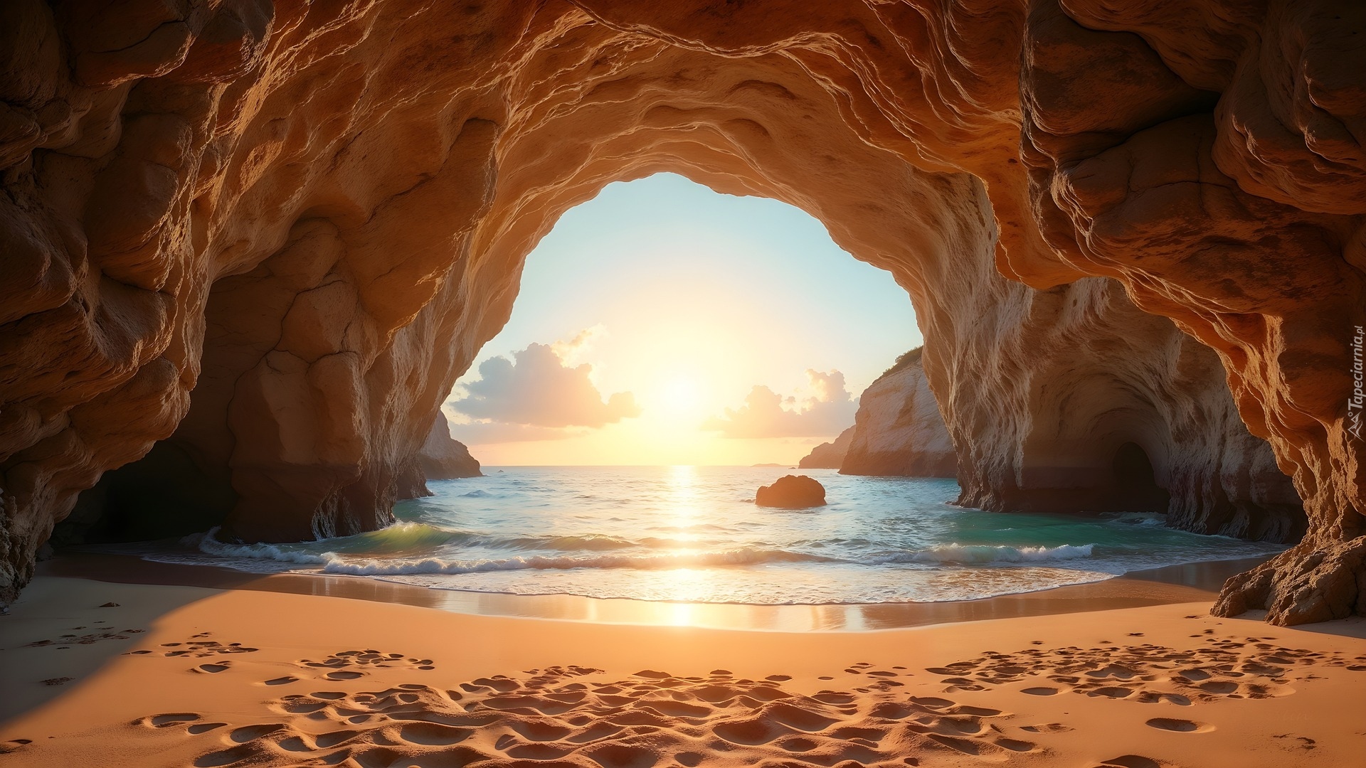 Morze, Jaskinia, Skały, Piasek, Zachód słońca