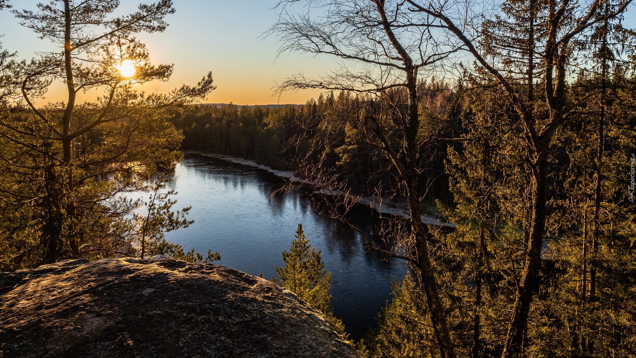 Jezioro Ringnestjerna, Skała, Drzewa, Słońce, Norwegia