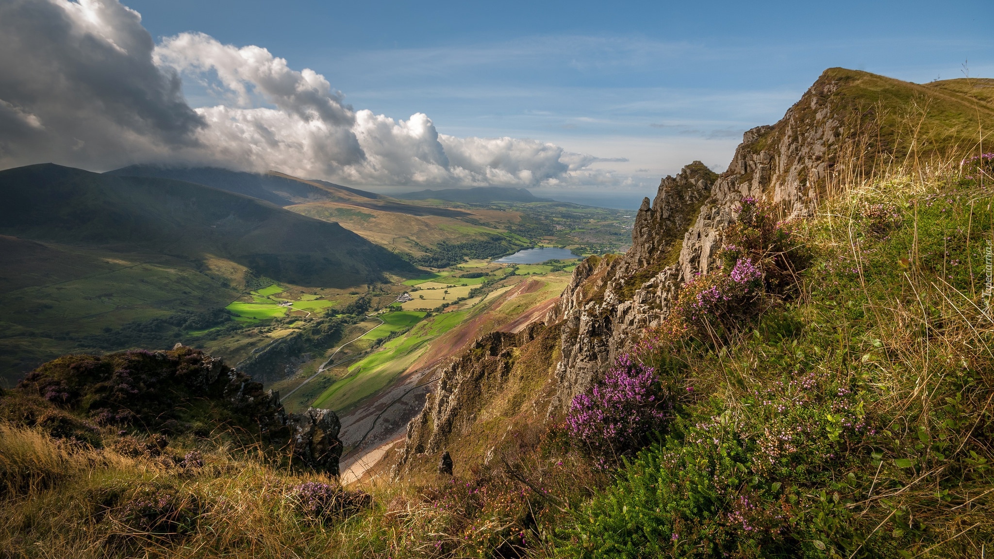 Walia, Dolina Nantlle Valley, Park Narodowy Snowdonia, Góry, Szczyt Mynydd Mawr, Rośliny, Dolina, Chmury