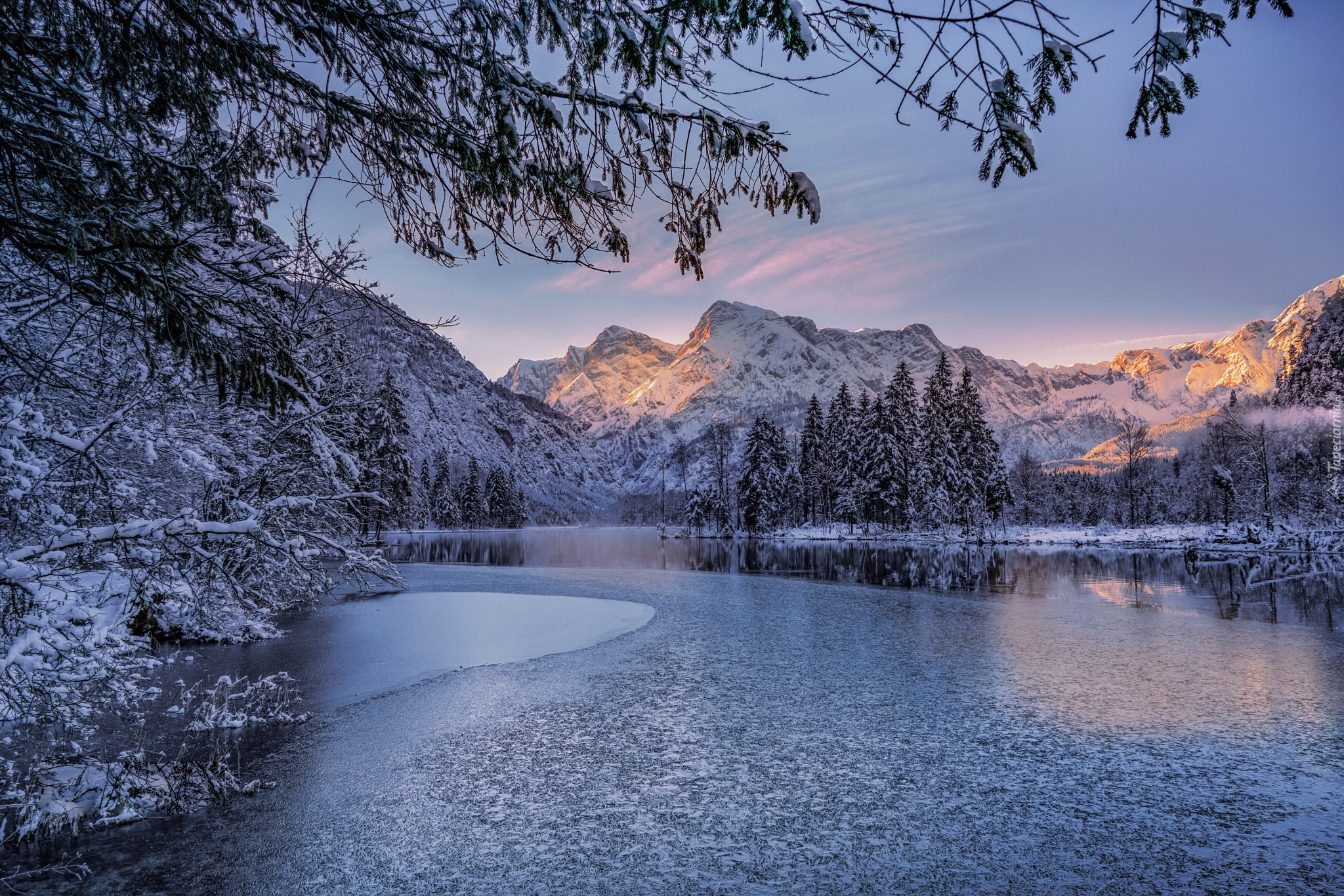 Austria, Region	Górna Austria, Góry, Alpy, Totes Gebirge, Jezioro Almsee, Zima, Ośnieżone, Drzewa, Las, Świerki, Wschód słońca