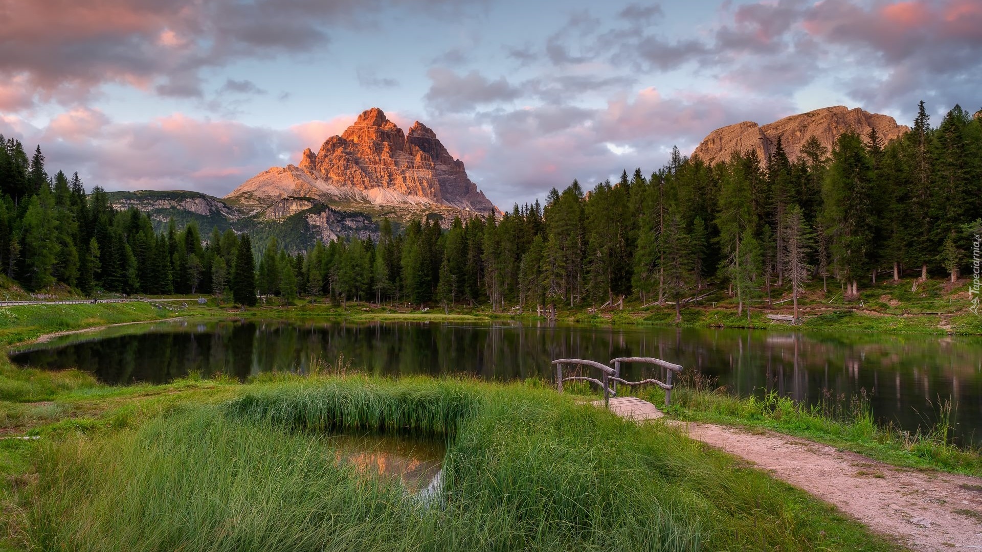 Jezioro, Antorno Lake, Mostek, Góry, Dolomity, Masyw, Tre Cime di Lavaredo, Drzewa, Las, Prowincja Belluno, Włochy