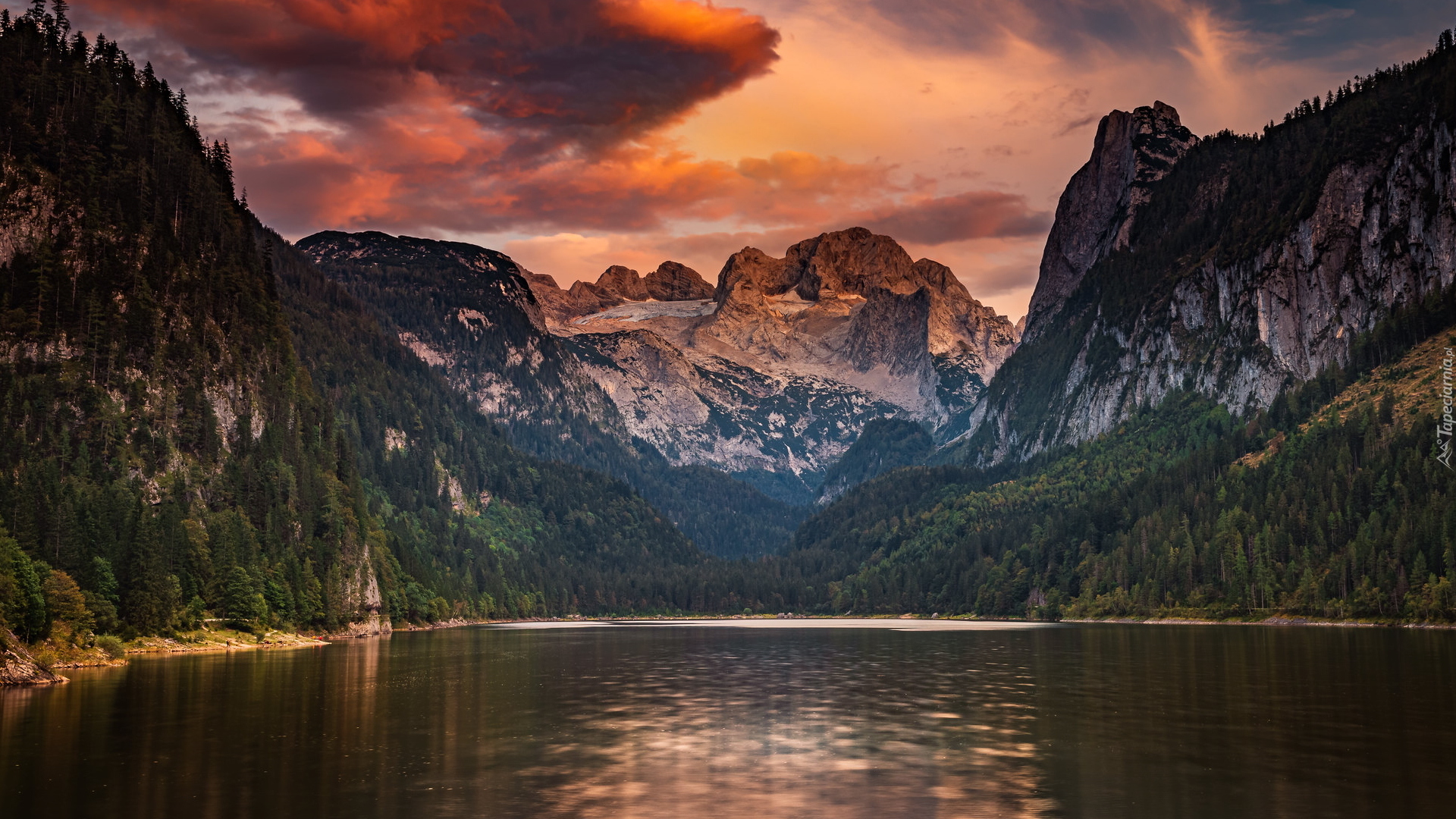 Góry Dachstein, Jezioro Gosauseen, Lasy, Drzewa, Powiat Gmunden, Gosau, Austria