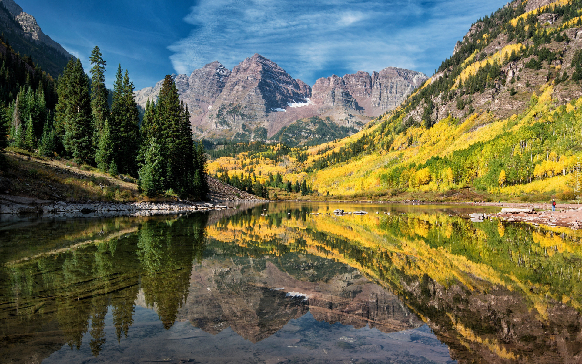 Jesień, Góry, Szczyty, Maroon Bells, Lasy, Drzewa, Jezioro, Maroon Lake, Odbicie, Kolorado, Stany Zjednoczone