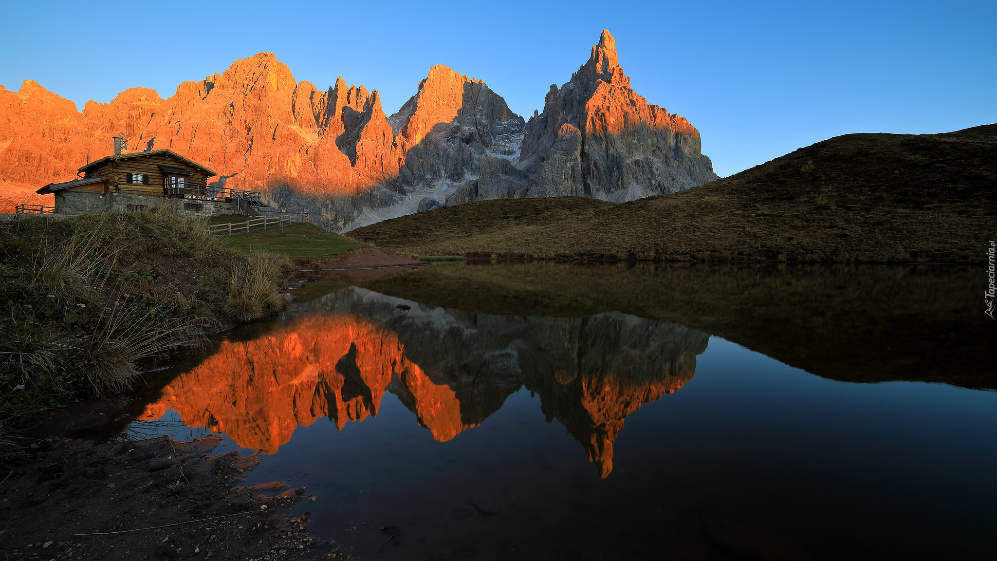 Jezioro, Pale di San Martino, Szczyt Cimon della Pala, Dom, Odbicie, Rośliny, Włochy