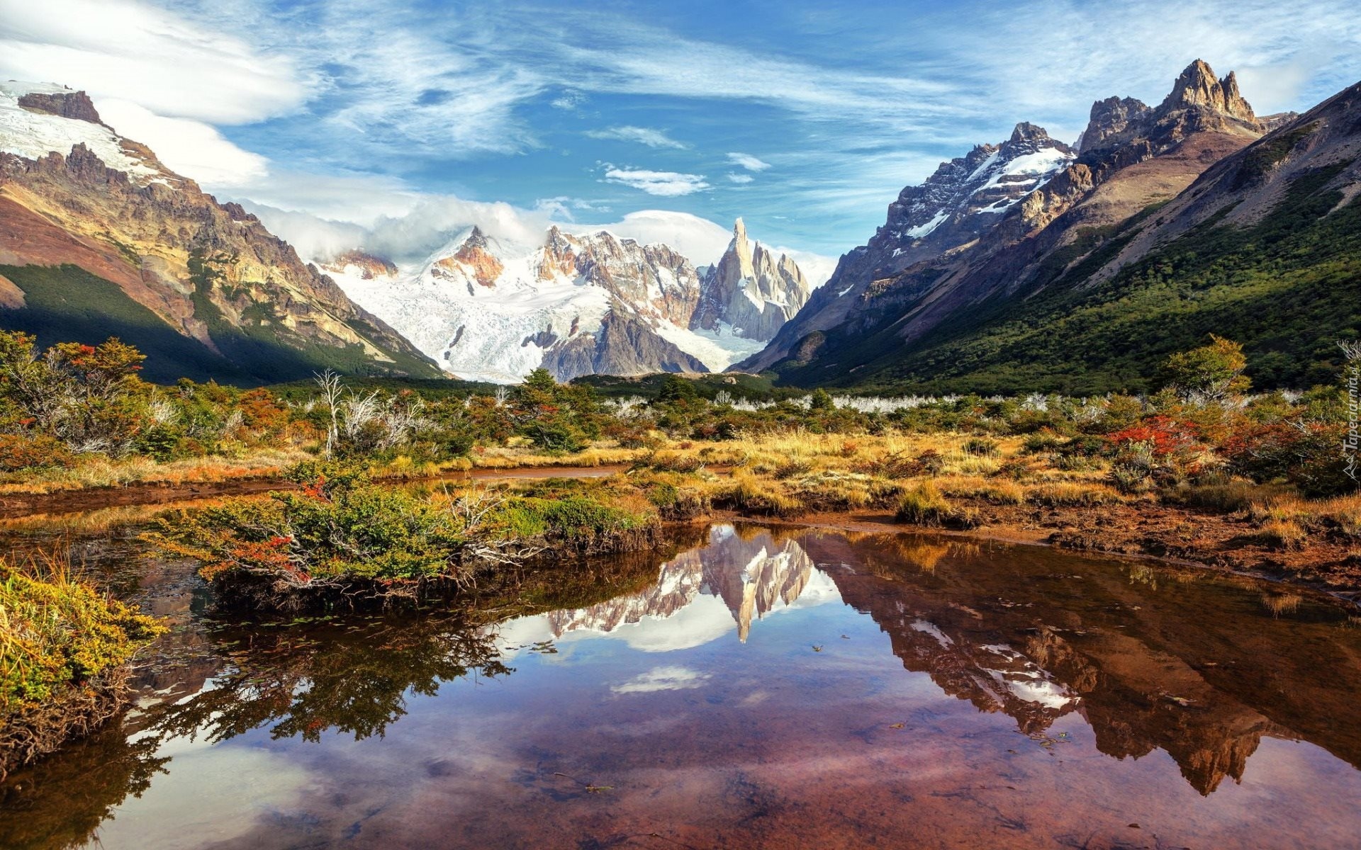 Jezioro, Śnieg, Góry, Andy, Szczyt, Cerro Torre, Park Narodowy Los Glaciares, Patagonia, Argentyna