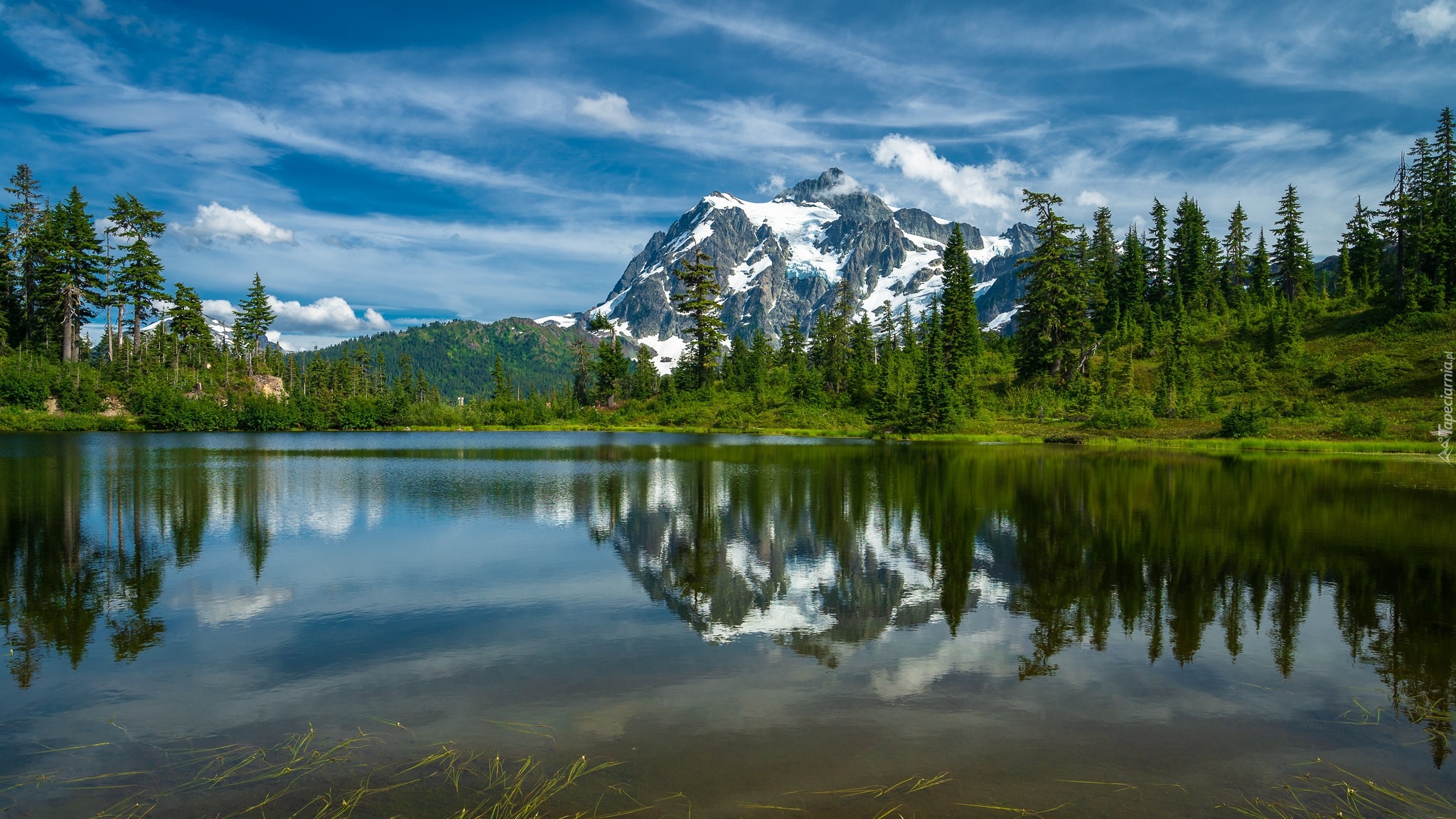 Góry, Góra, Mount Shuksan, Las, Drzewa, Jezioro, Picture Lake, Park Narodowy Północnych Gór Kaskadowych, Stan Waszyngton, Stany Zjednoczone