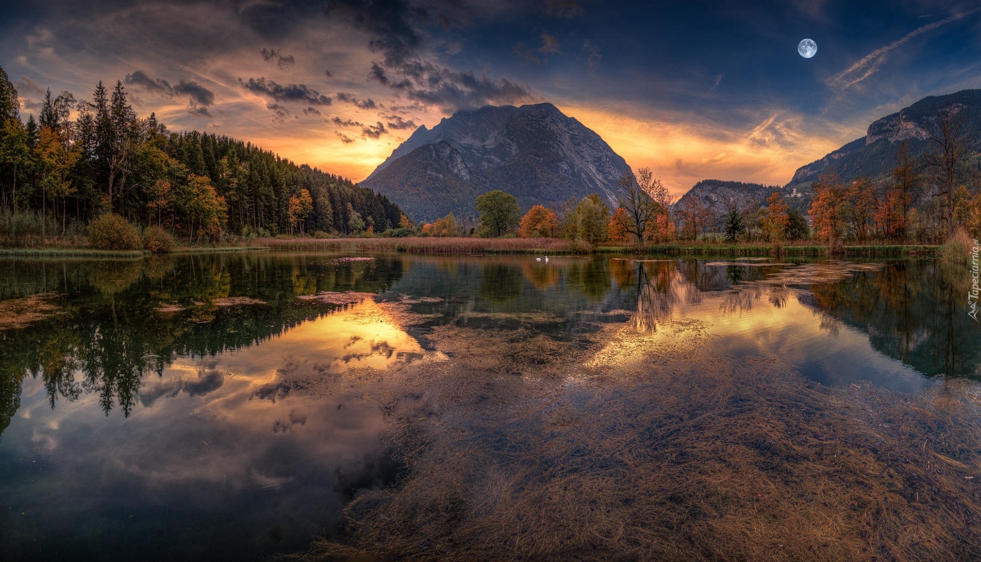 Austria, Styria, Góry, Północne Alpy Wapienne, Masyw górski, Grimming, Jezioro, Lake Putterersee, Las, Drzewa, Księżyc, Zachód słońca