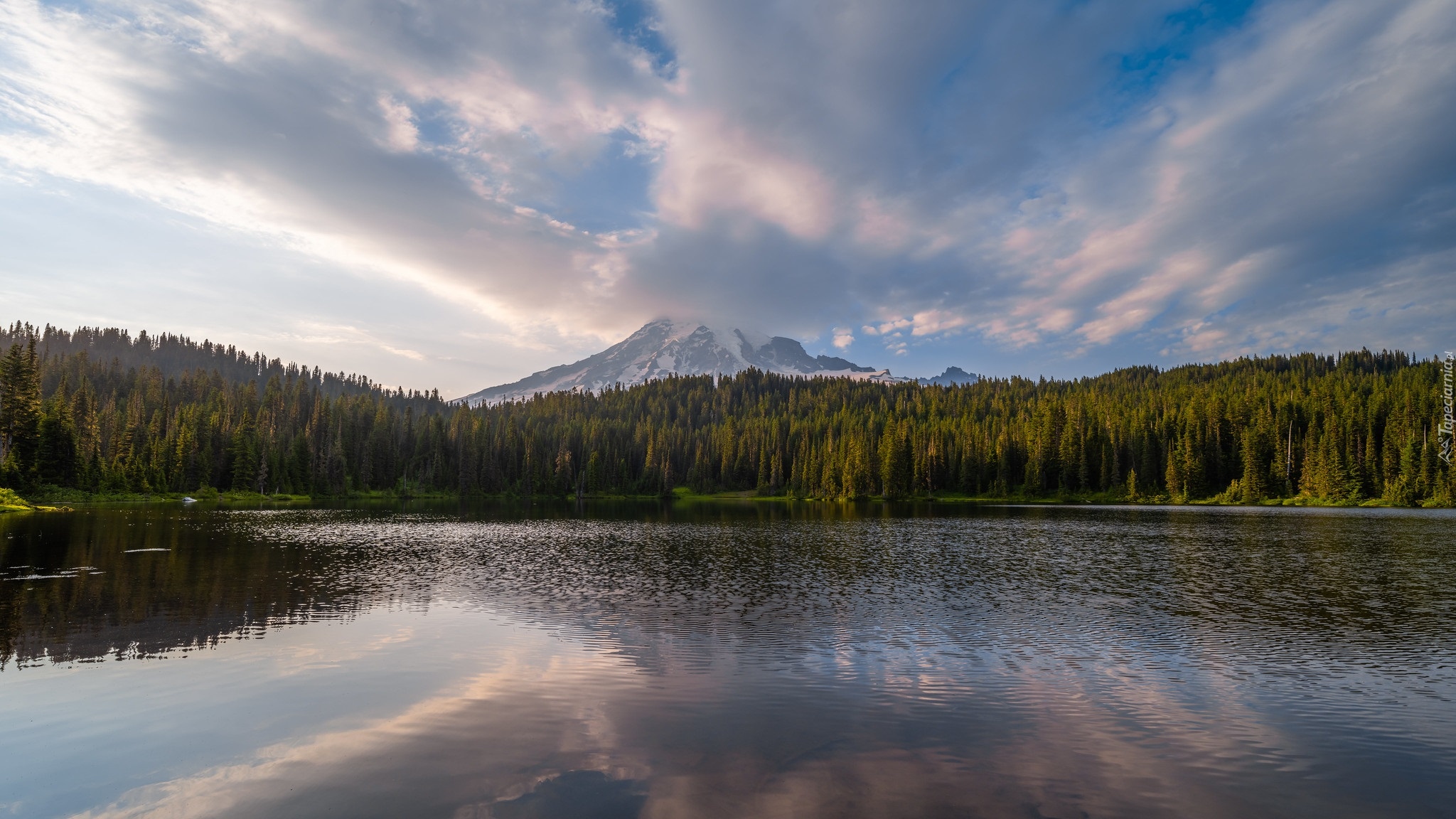 Góra, Stratowulkan, Mount Rainier, Jezioro, Reflection Lake, Chmury, Park Narodowy Mount Rainier, Drzewa, Stan Waszyngton, Stany Zjednoczone