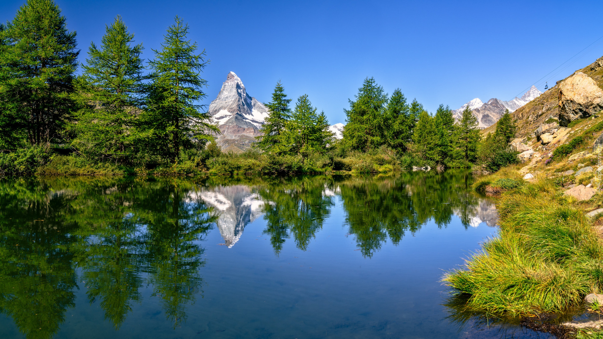 Szwajcaria, Góry, Alpy, Szczyt, Matterhorn, Jezioro, Riffelsee, Drzewa