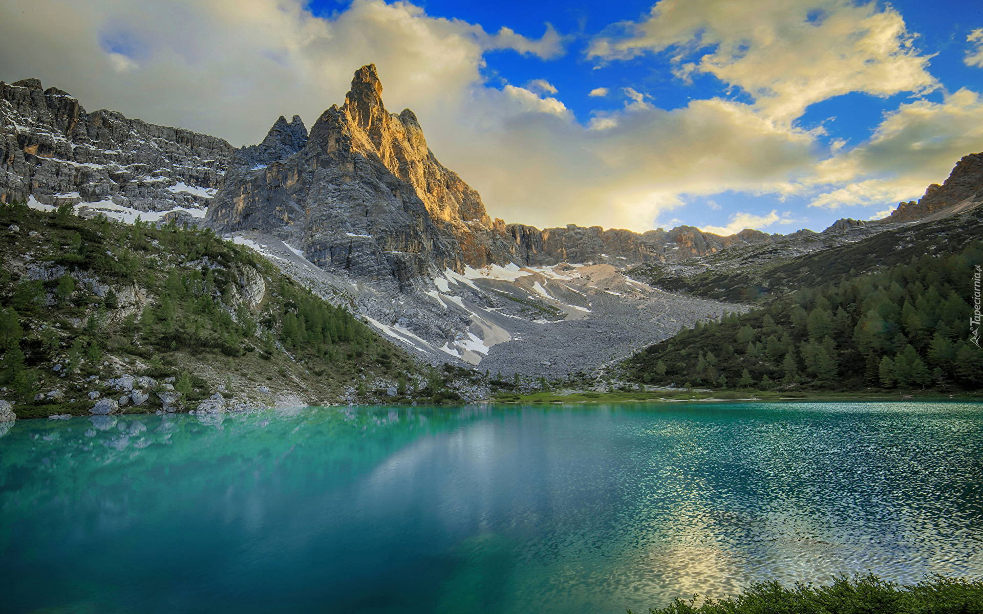 Góry, Dolomity, Masyw Sorapiss, Jezioro Sorapis, Drzewa, Lasy, Prowincja Belluno, Włochy