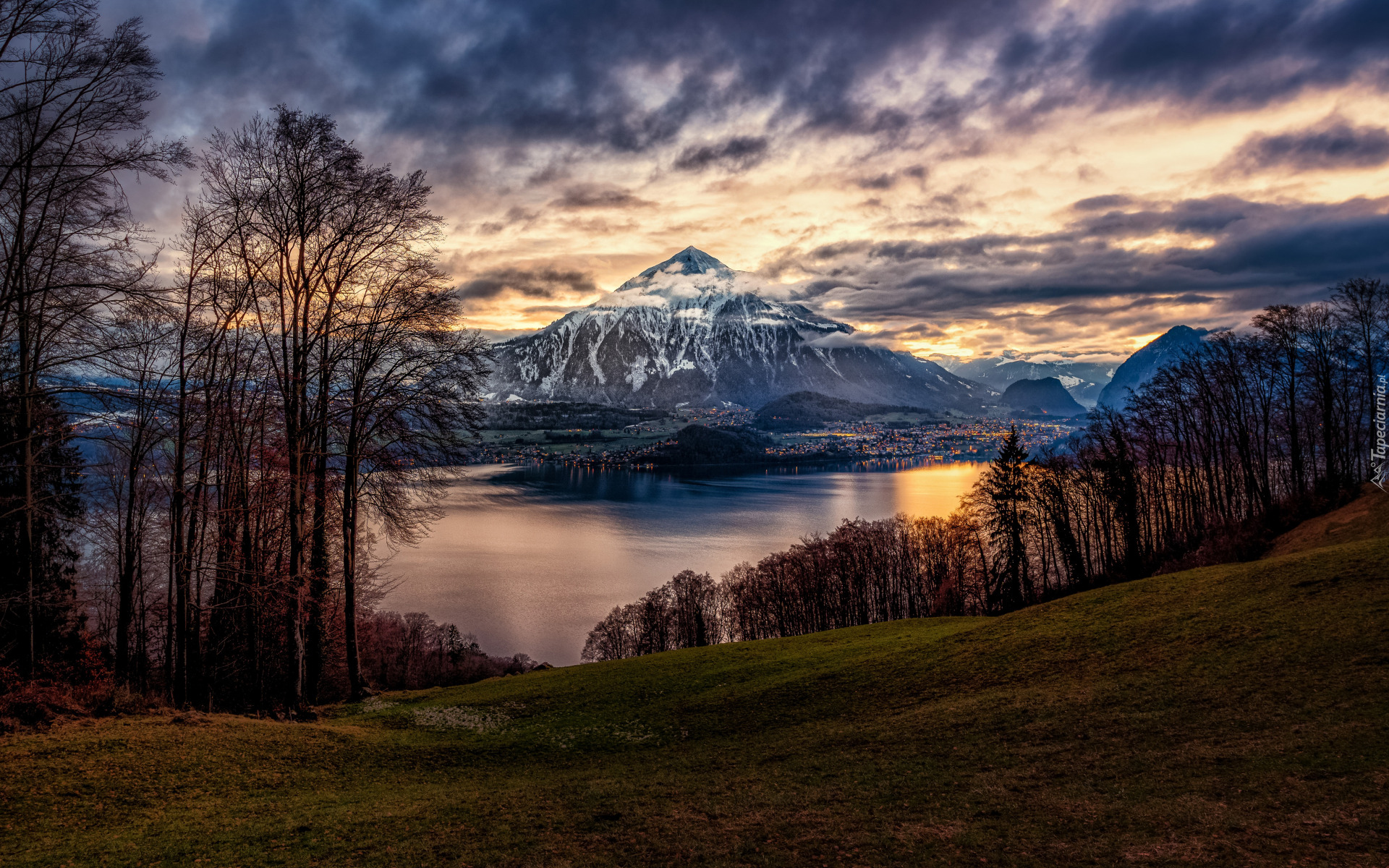 Góry, Alpy Berneńskie, Góra, Niesen, Jezioro, Thunersee, Drzewa, Chmury, Oberhofen, Szwajcaria