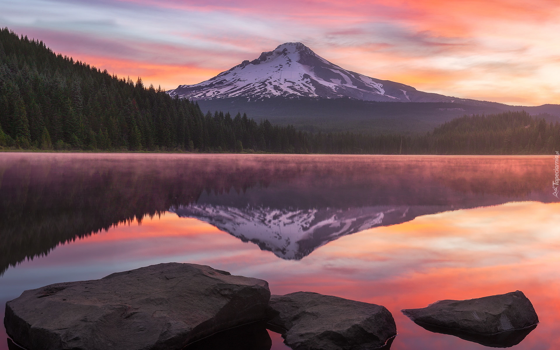 Jezioro, Trillium Lake, Góra, Stratowulkan, Mount Hood, Drzewa, Lasy, Kamienie, Stan Oregon, Stany Zjednoczone