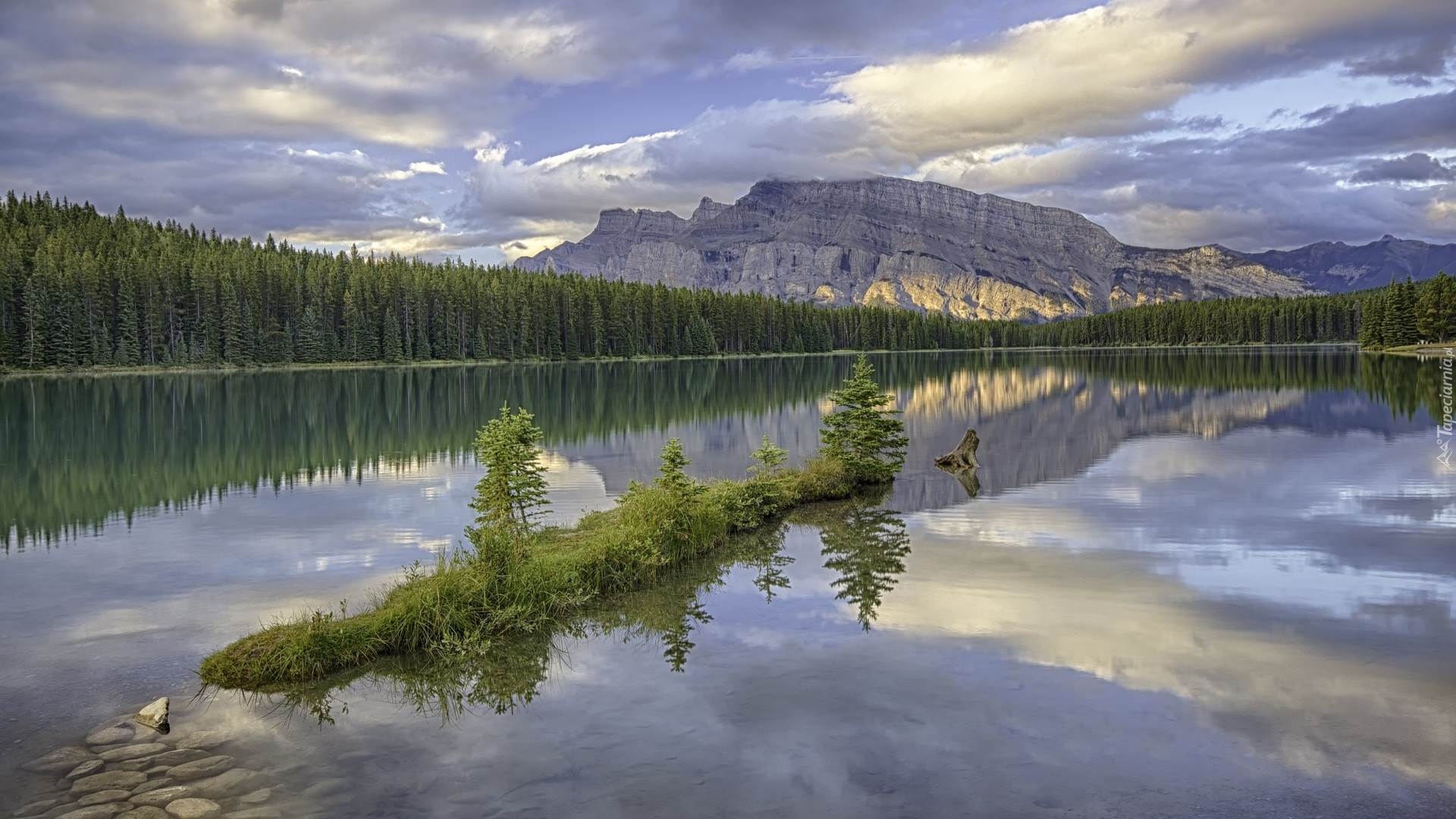 Góry, Mount Rundle, Jezioro Two Jack Lake, Park Narodowy Banff, Prowincja Alberta, Kanada, Odbicie, Drzewa, Świerki